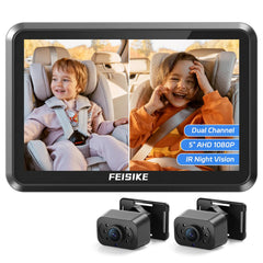 FEISIKE baby camera split-screen display shows two live views for twins or dual scenes.