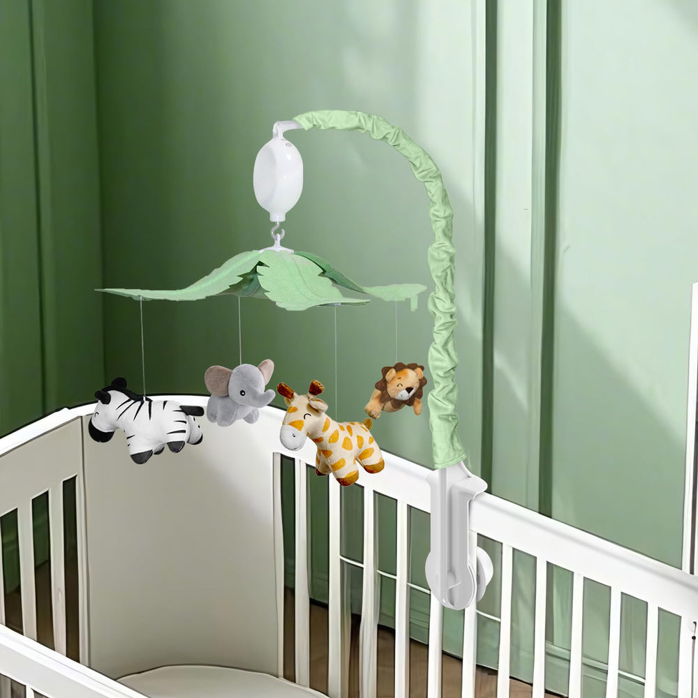 FEISIKE Jungle Safari Mobile giraffe rotates to stimulate depth perception.