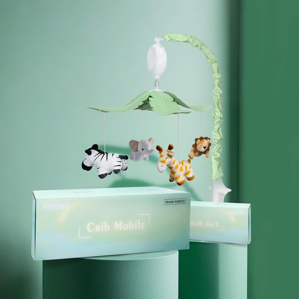 FEISIKE Jungle Safari Mobile in a cozy nursery decor setup supports calm baby moments.