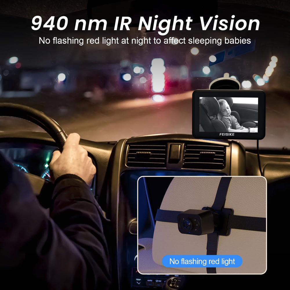 FEISIKE 940 nm IR night vision delivers clear backseat view without disturbing sleep.