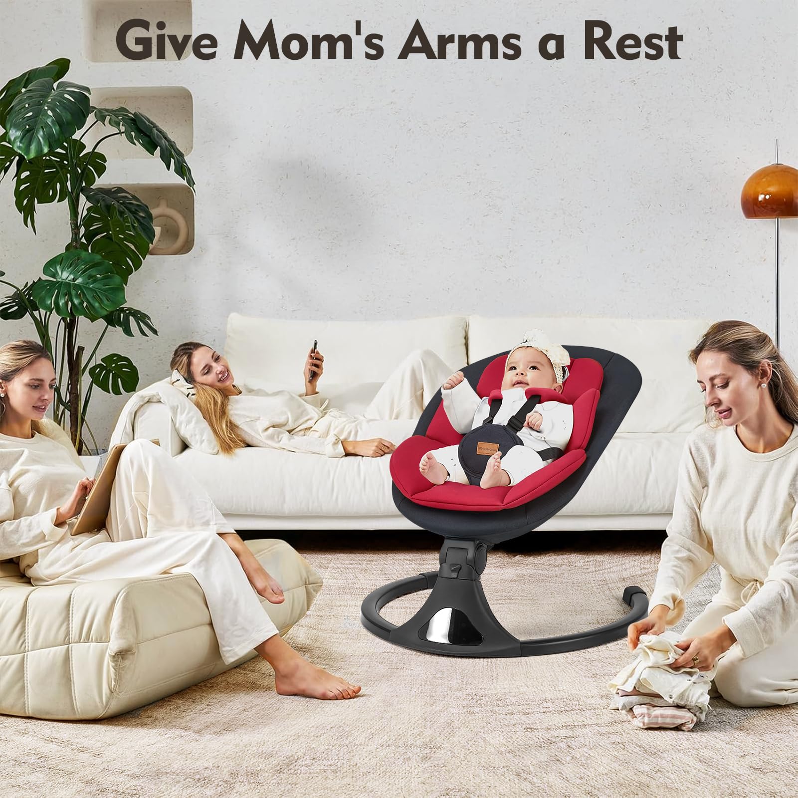Feitiong five-point harness ensures secure, comfy seating during gentle rocking.