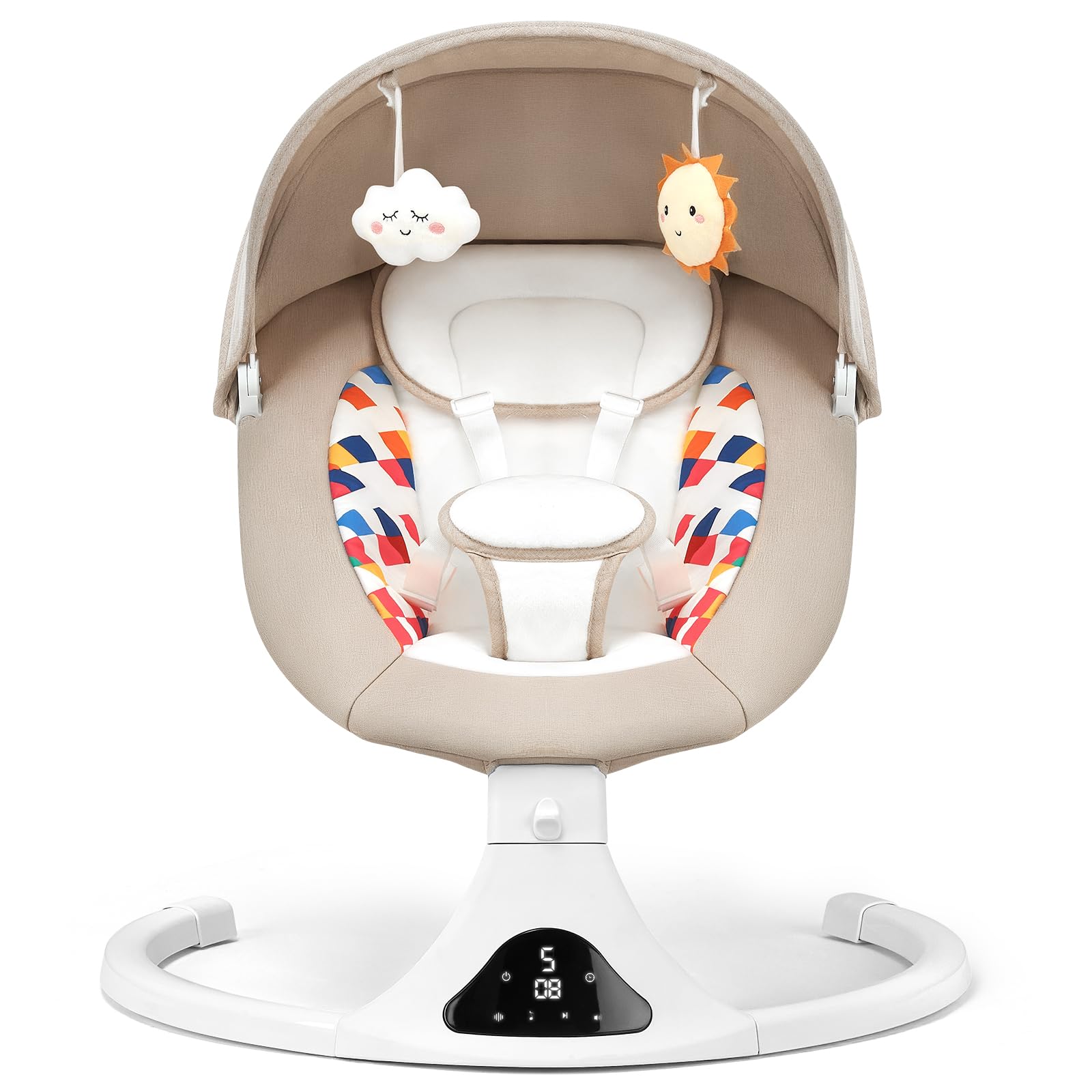 Feitiong baby swing beige seat with remote control provides convenient soothing for newborns.