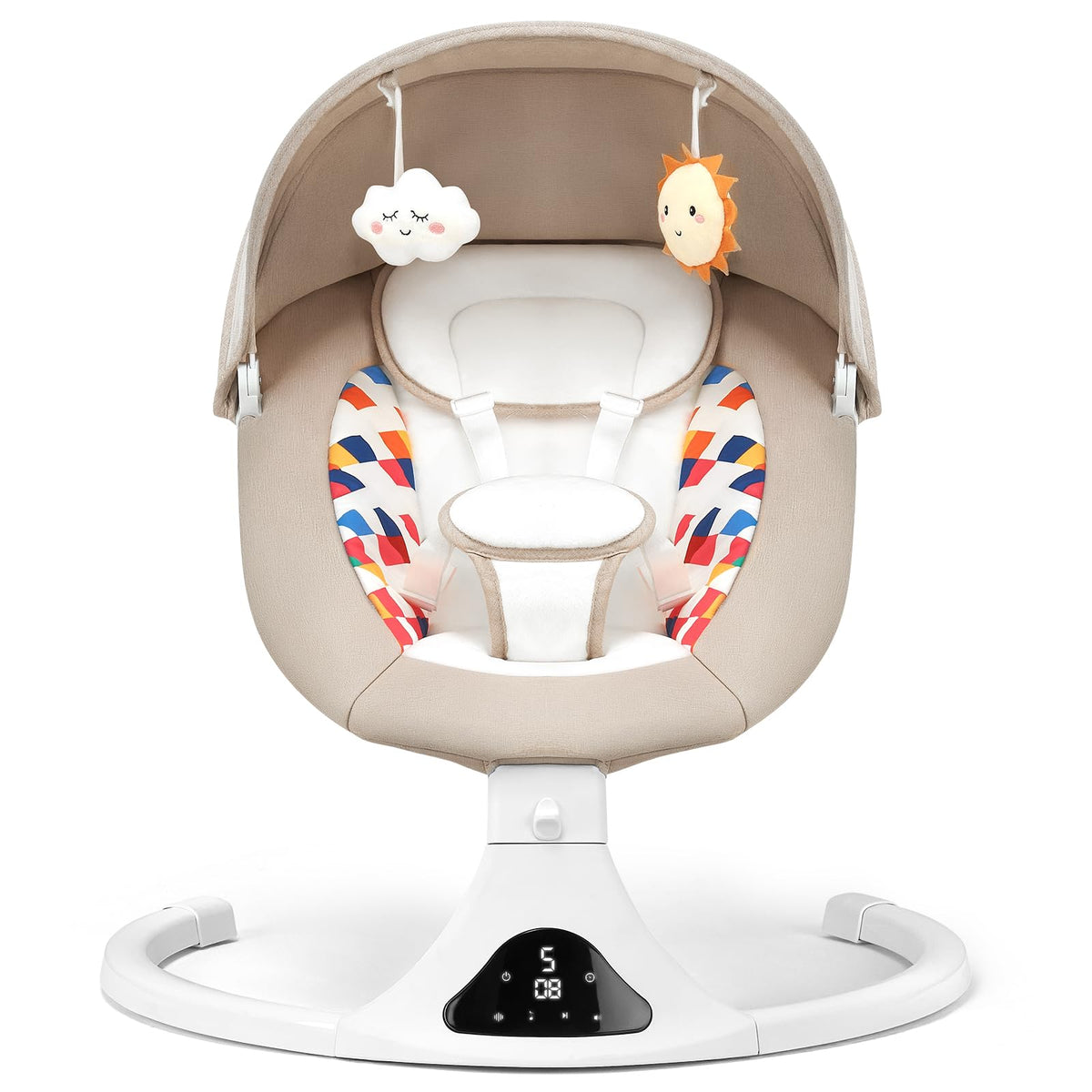 Feitiong baby swing beige seat with remote control provides convenient soothing for newborns.