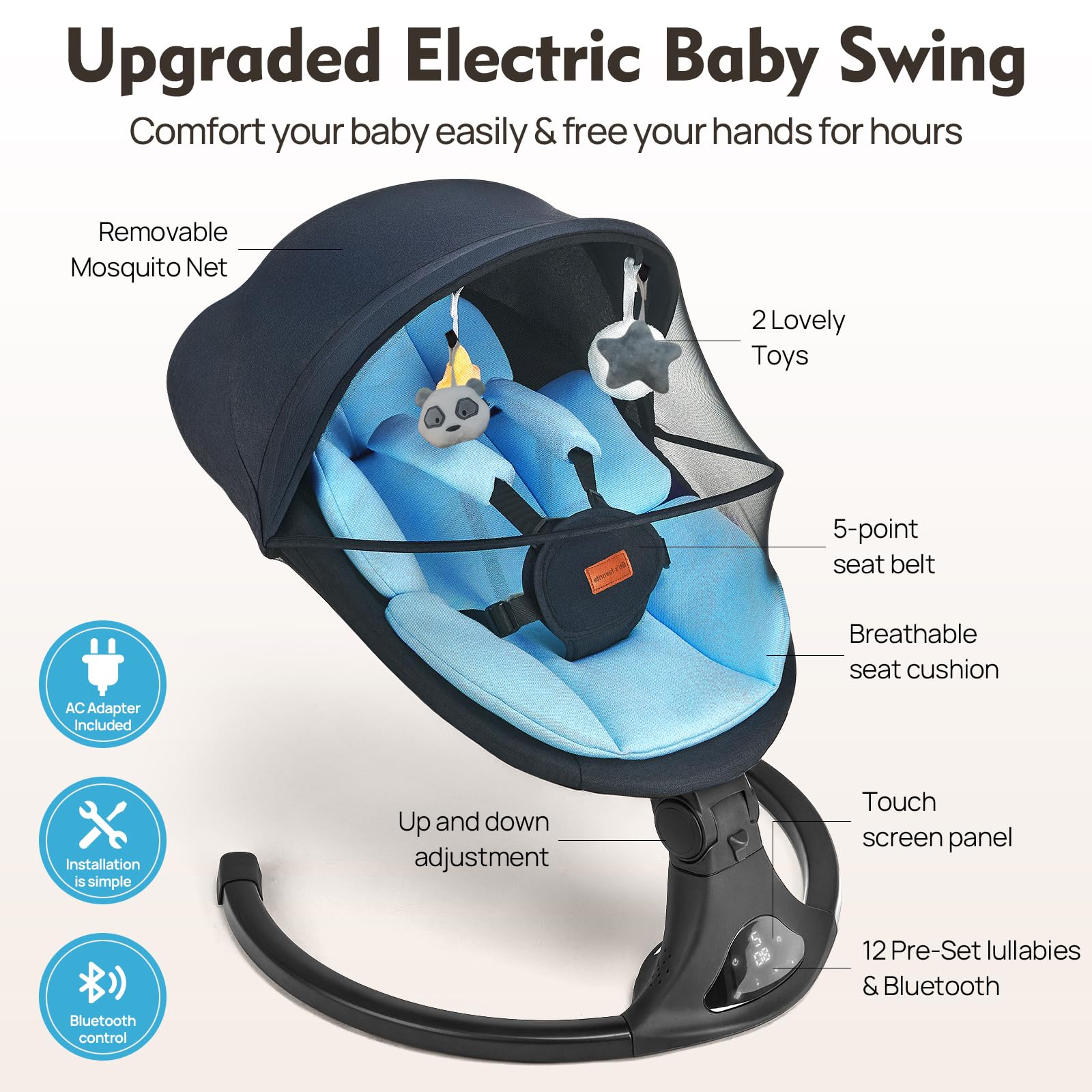 Feitiong baby swing control panel in blue for easy speed and timer adjustments.