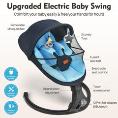 Feitiong baby swing control panel in blue for easy speed and timer adjustments.