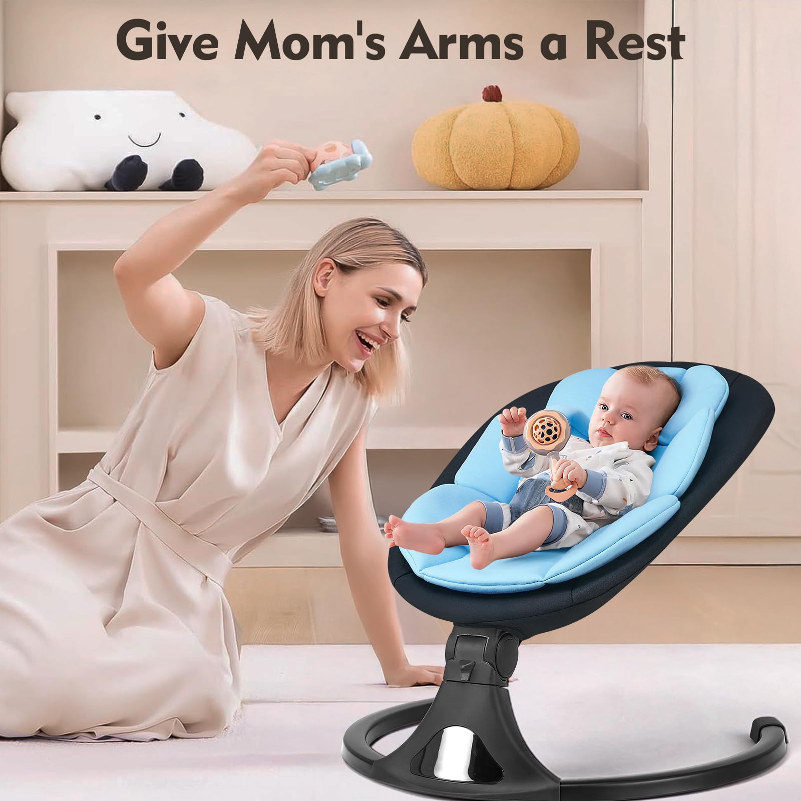 Feitiong baby swing includes toy bar to visually engage infant.