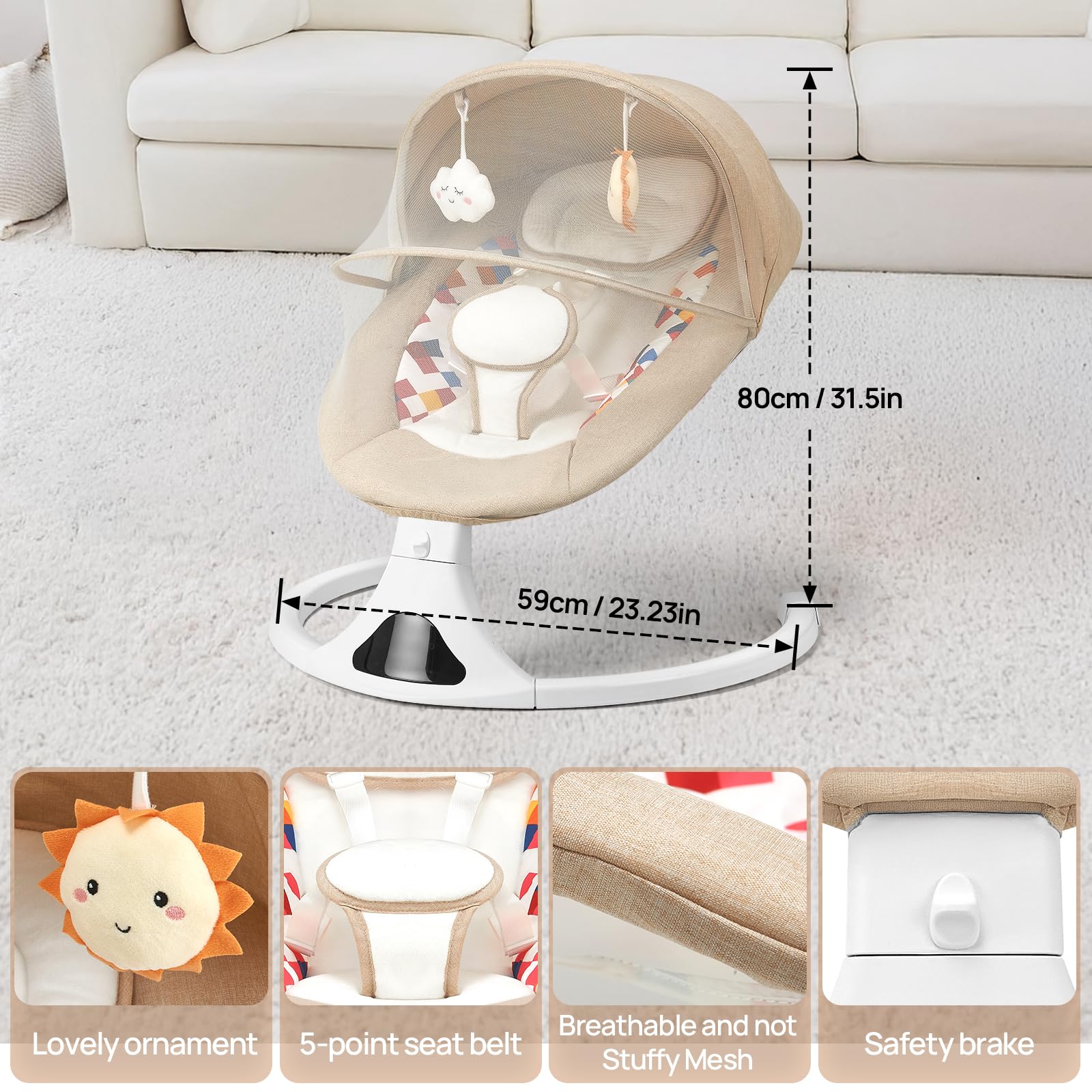 Feitiong baby swing five-point harness provides secure support and safety.