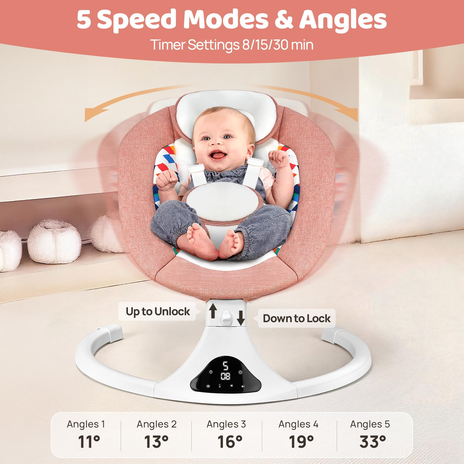Feitiong pink infant swing digital display highlights timer settings and speed options