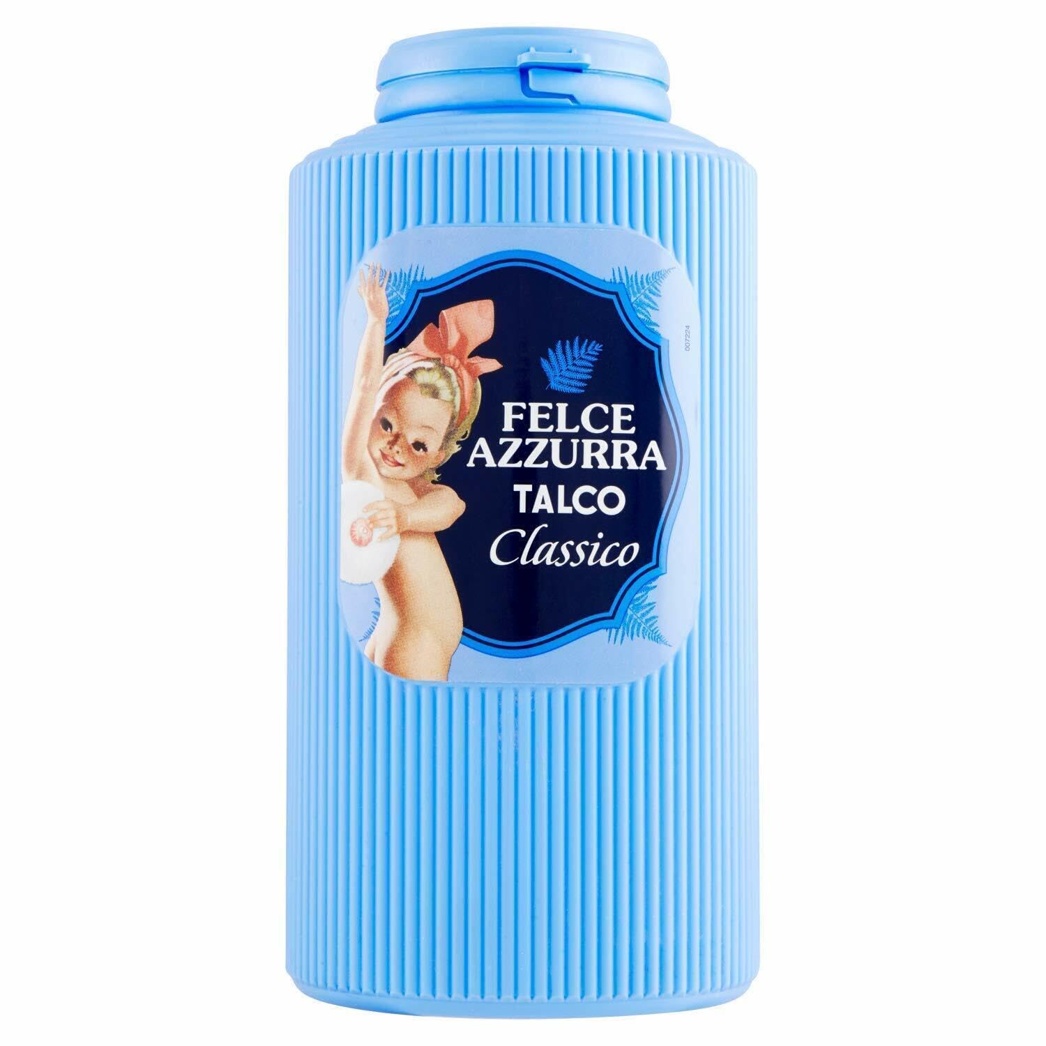 Felce Azzurra Talcum Powder Classico bottle pour promotes post-bath fragrance