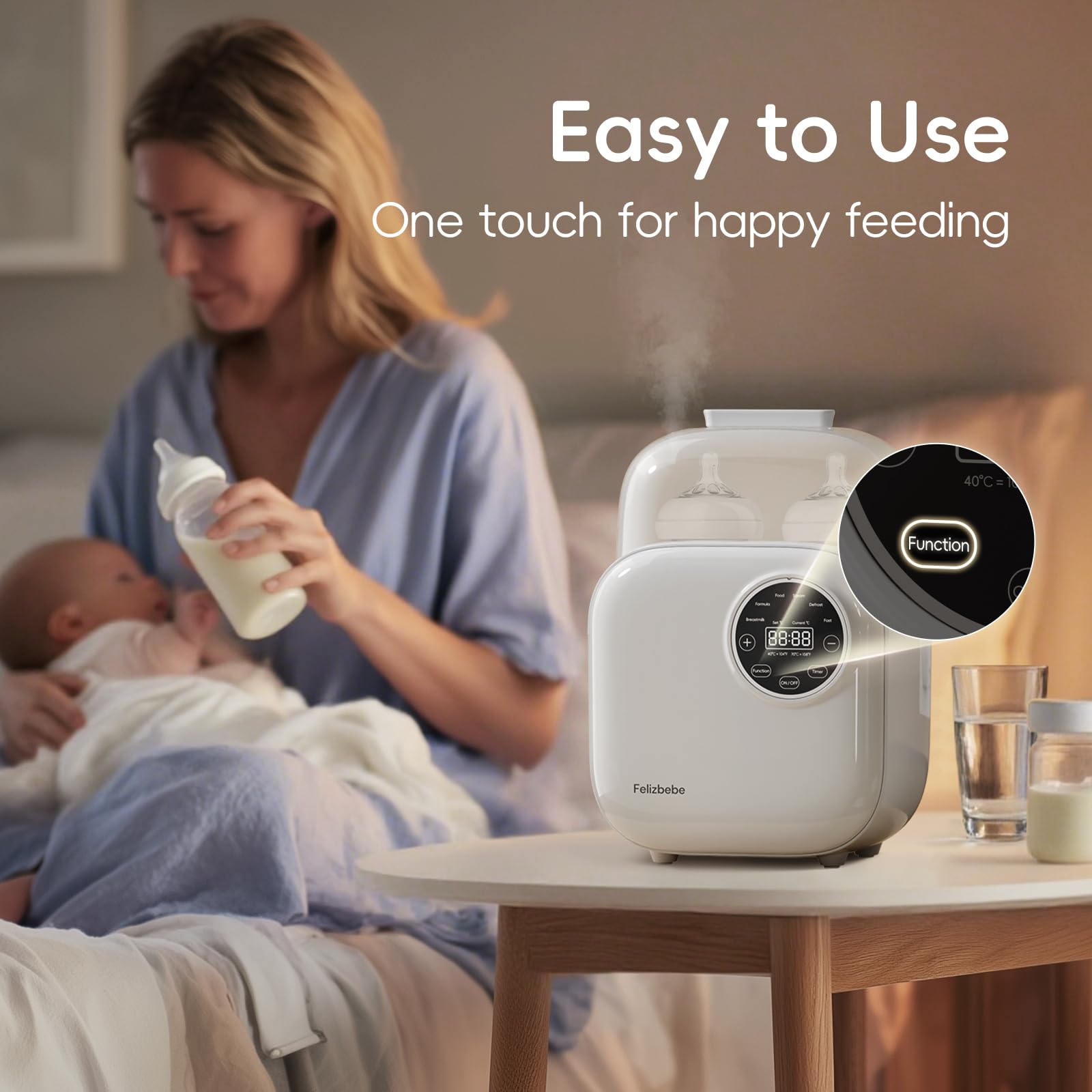 Felizbebe 10-in-1 warmer digital display demonstrates quick 3–5 minute warming for quick feeds.
