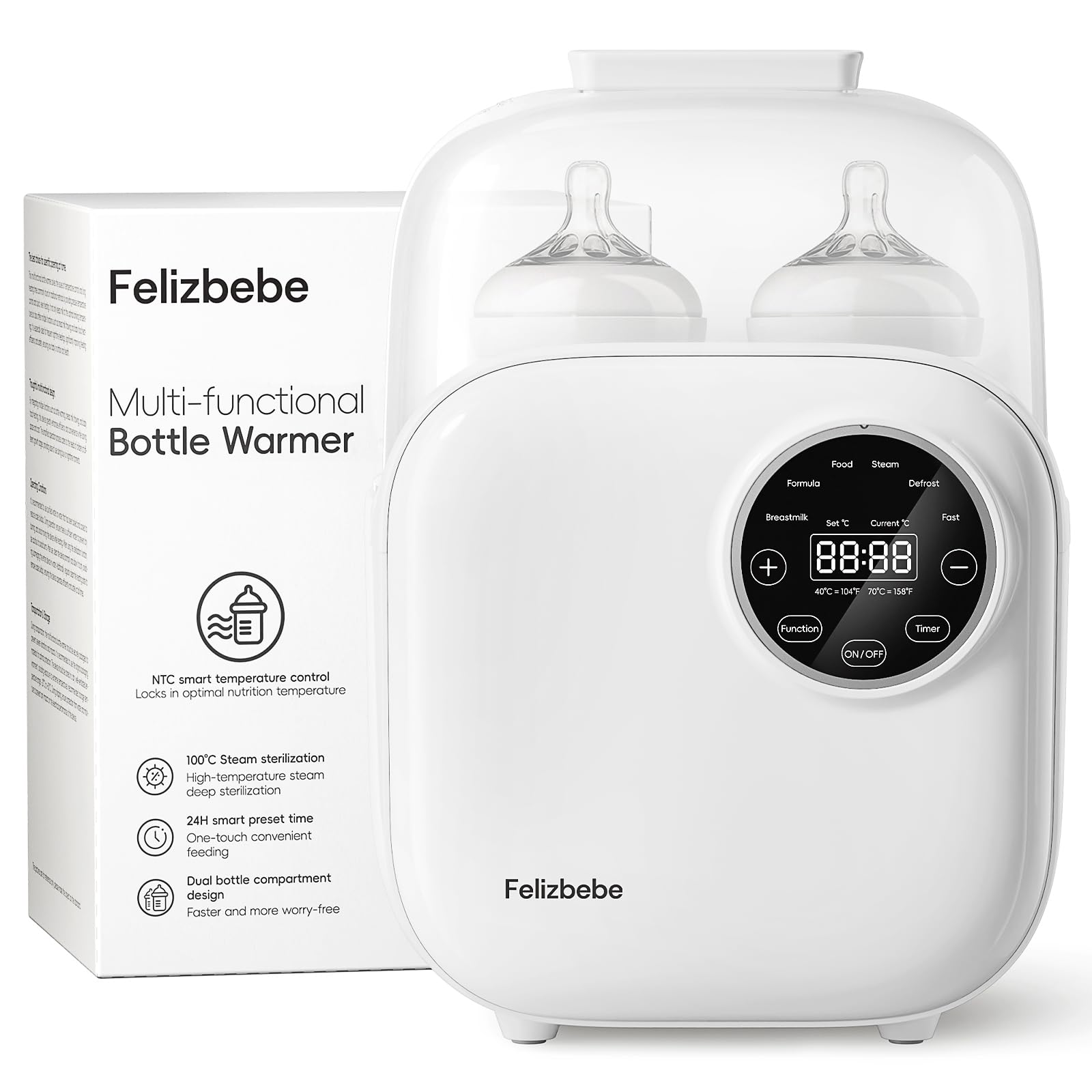 Felizbebe 10-in-1 warmer front view shows precise 1°C control for safe warming.