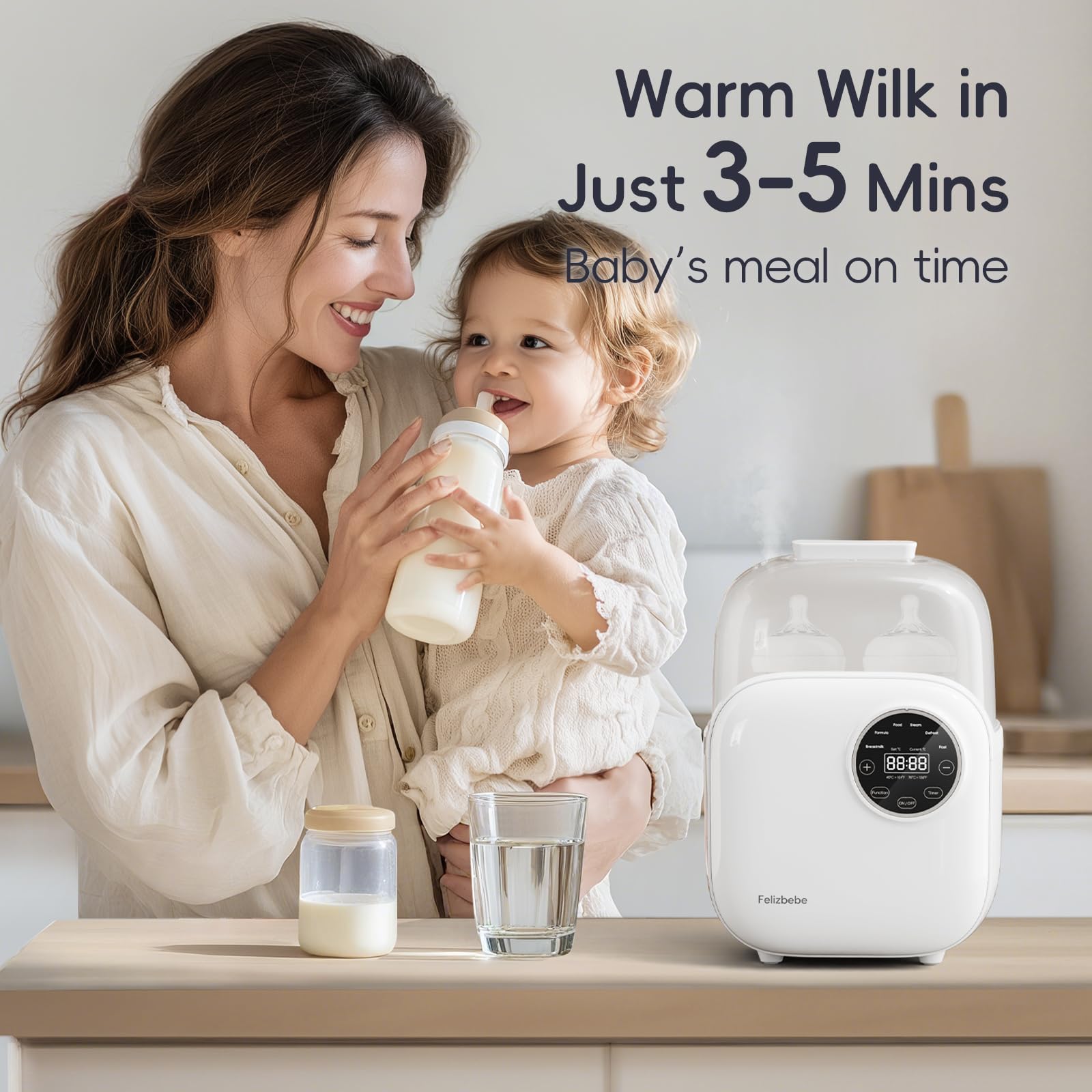 Felizbebe 10-in-1 warmer one-handed-operation view enables feeding on the go.