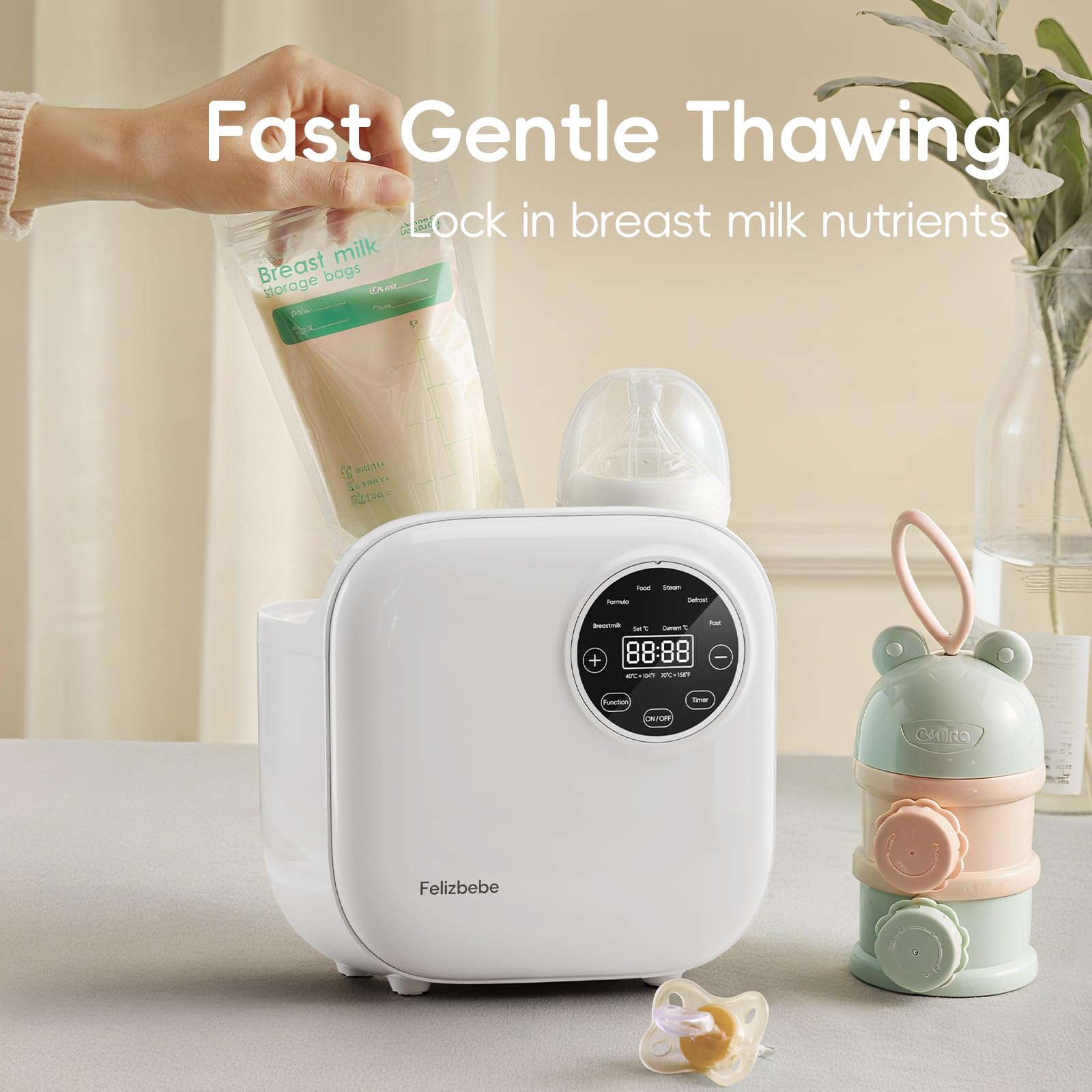 Felizbebe 10-in-1 warmer silent operation ideal for night feeds.