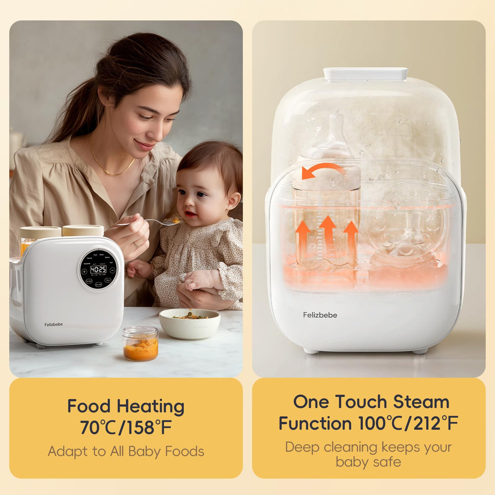 Felizbebe 10-in-1 warmer compatibility with standard bottles and foods.
