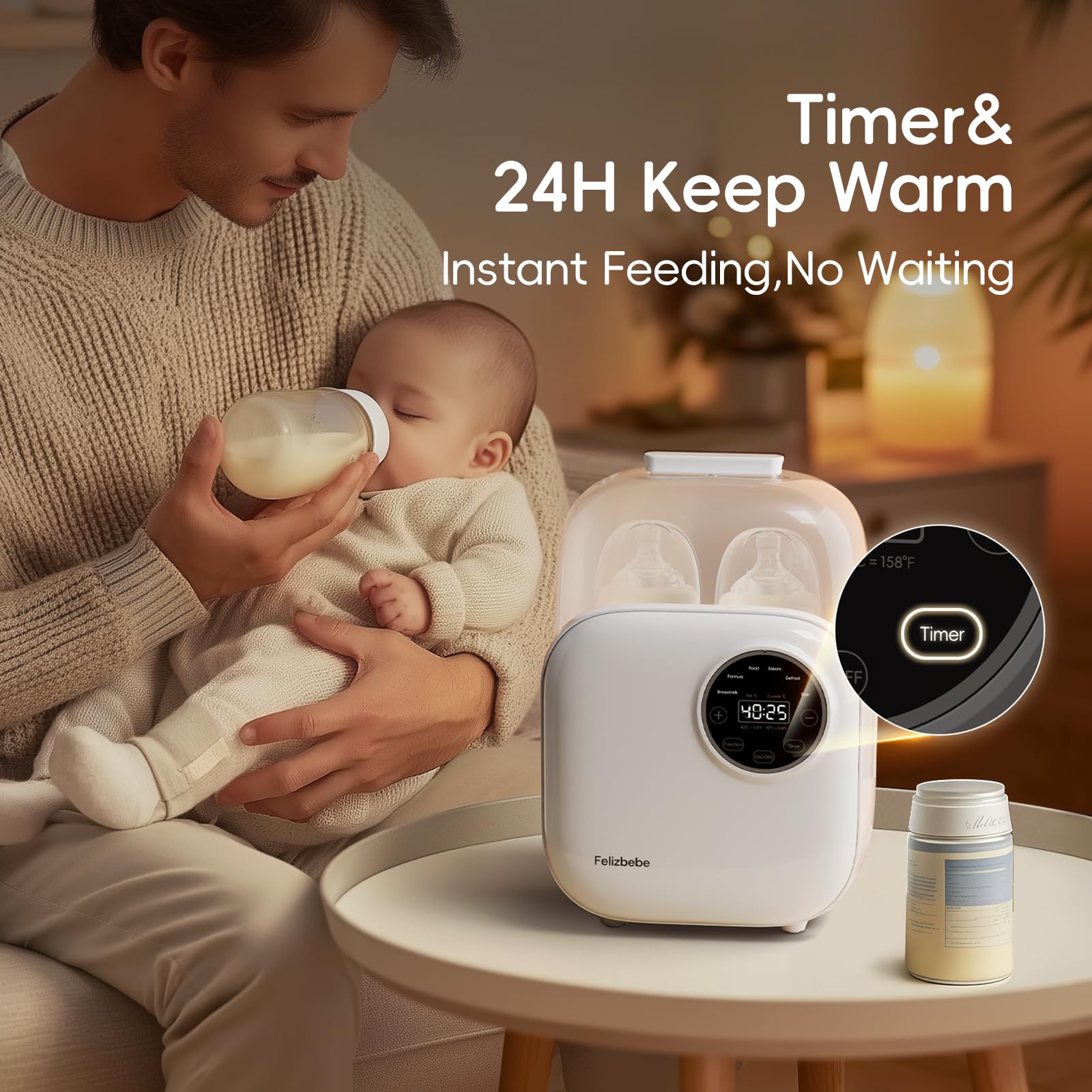 Felizbebe 10-in-1 warmer steam-cleaning capability for bottles and jars.