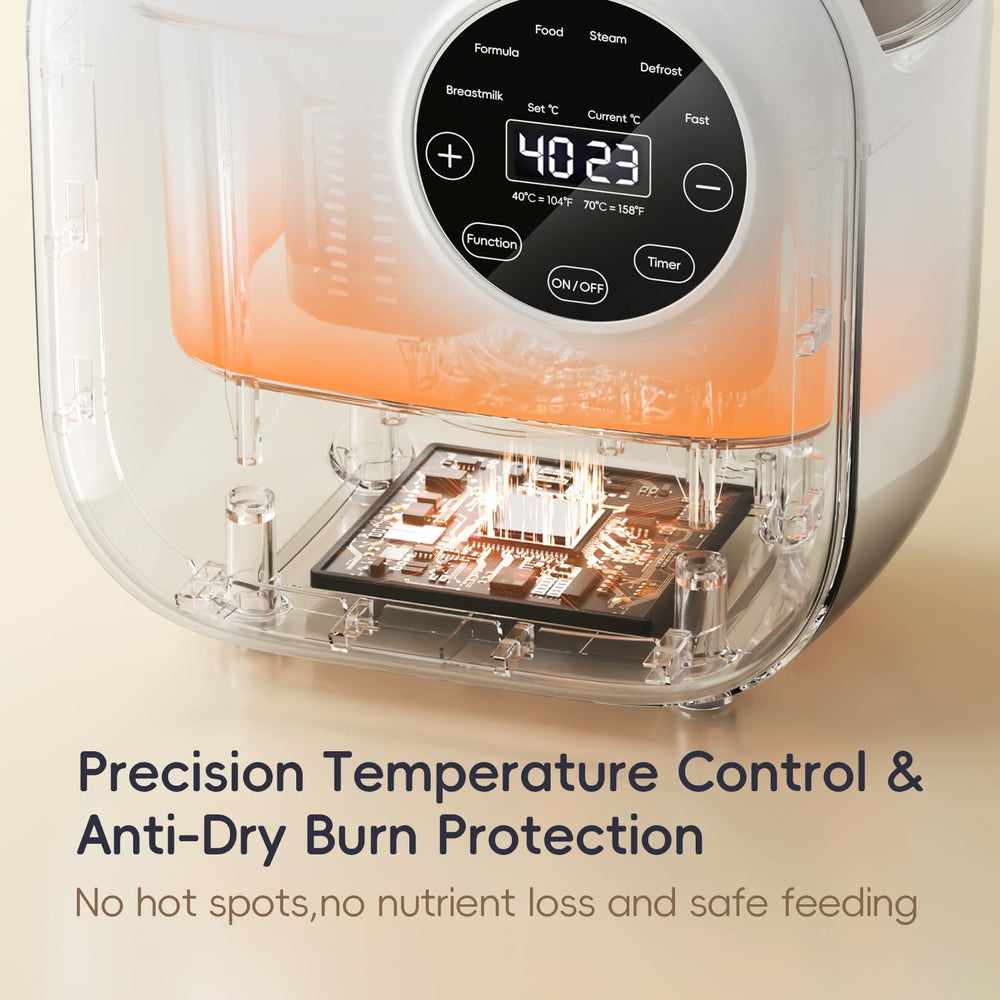 Felizbebe 10-in-1 warmer twin-bottle setup with 600ml tank for simultaneous heating.