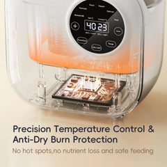 Felizbebe 10-in-1 warmer twin-bottle setup with 600ml tank for simultaneous heating.