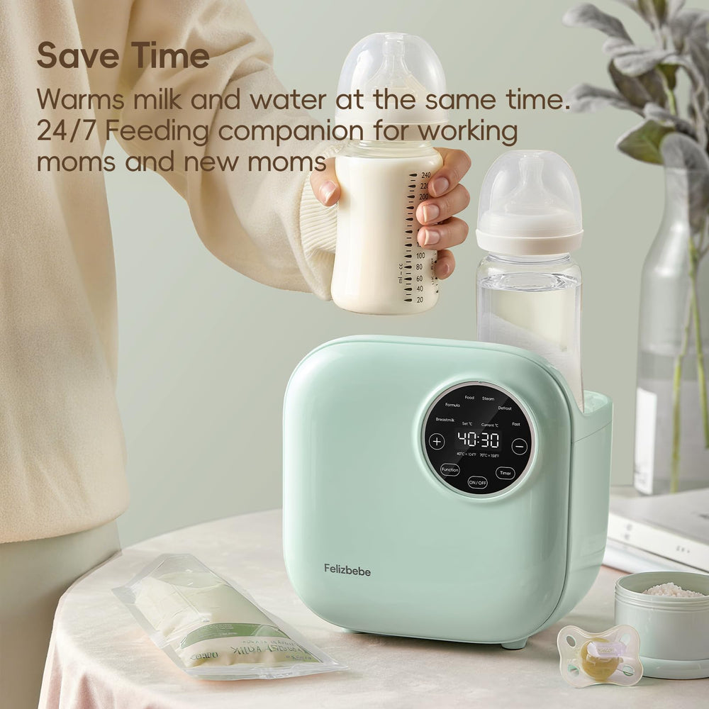 Felizbebe bottle warmer compatibility image demonstrates warming various bottles and jars.