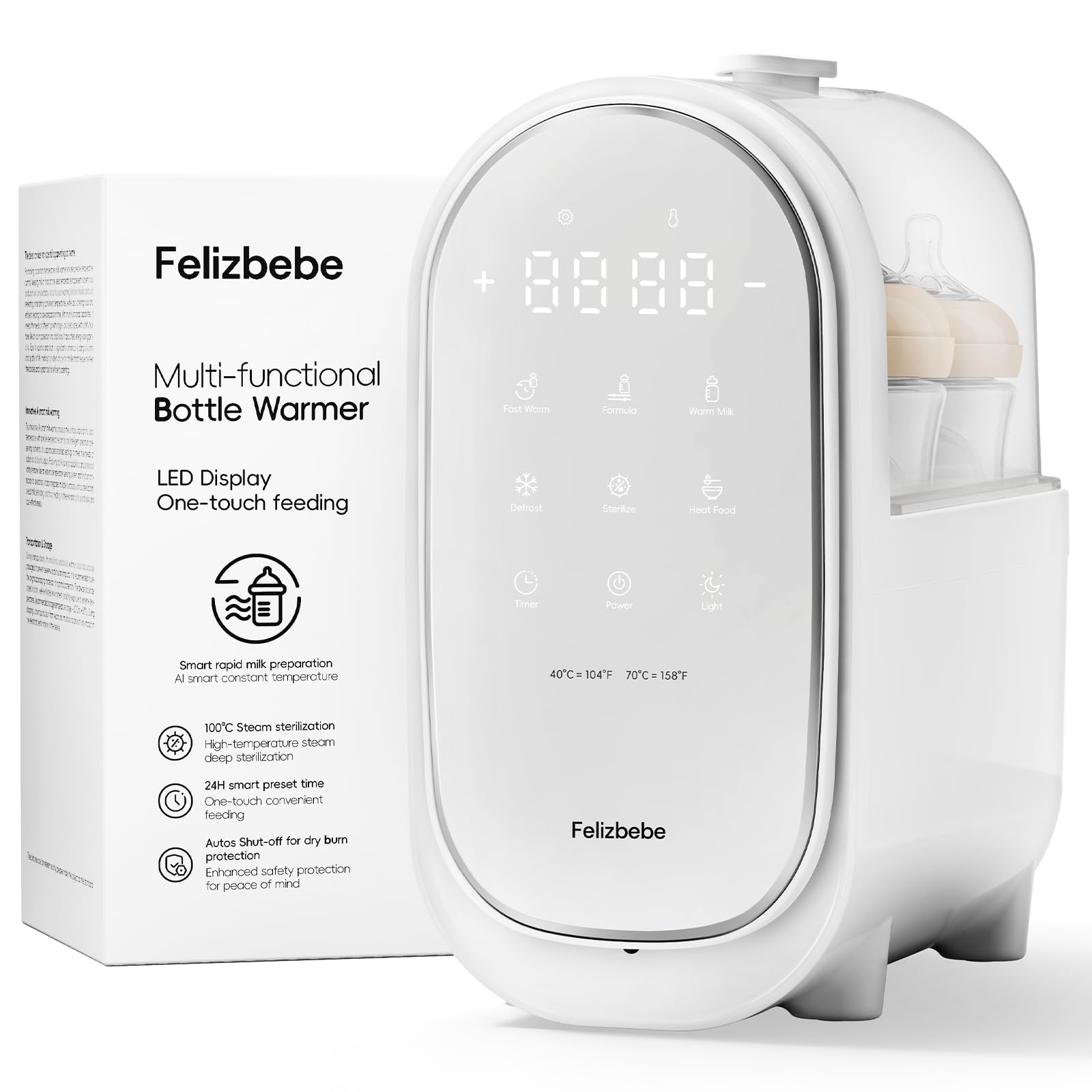 Felizbebe bottle warmer front view with dual bottles for quick feeding sessions