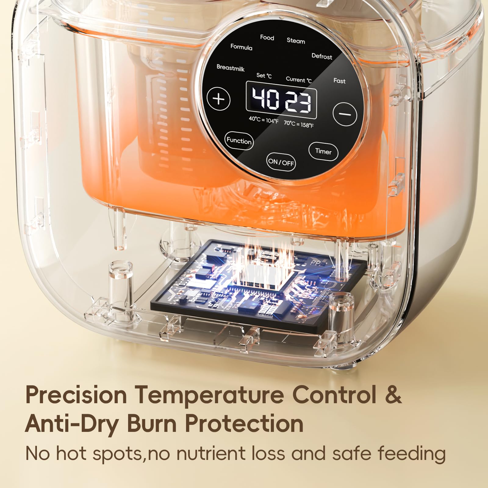 Felizbebe bottle warmer using steam for cleaning bottles and jars.