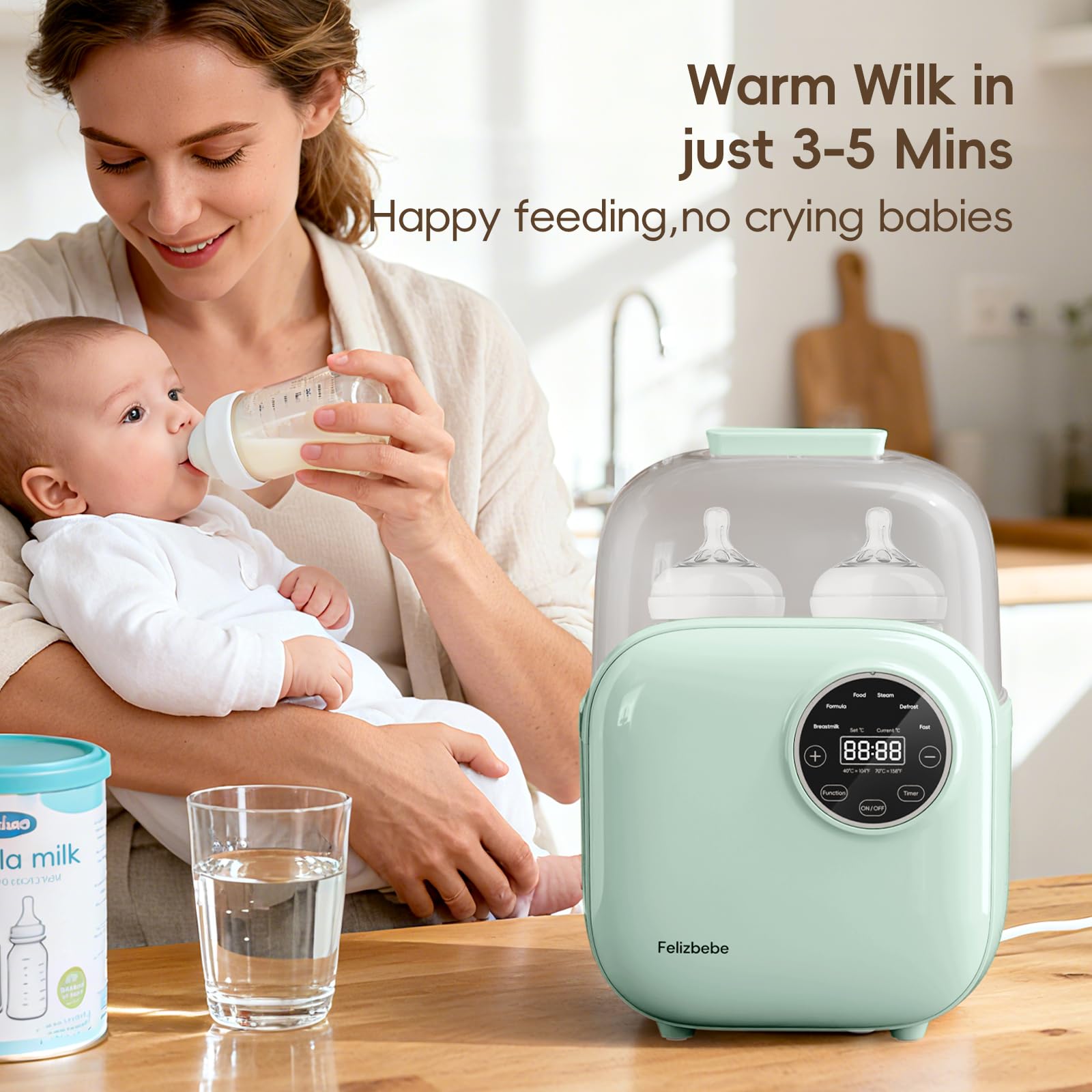 Felizbebe bottle warmer warming milk to feeding temperature in minutes.