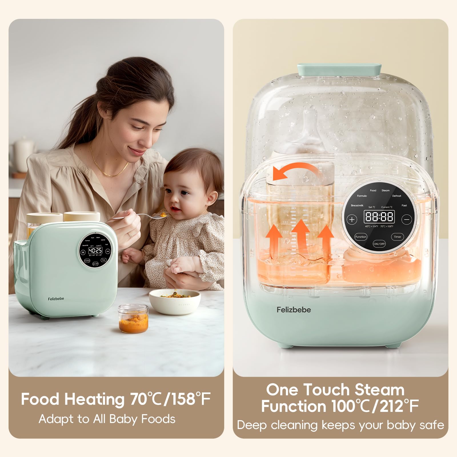Felizbebe bottle warmer features a 600ml water tank for longer sessions.