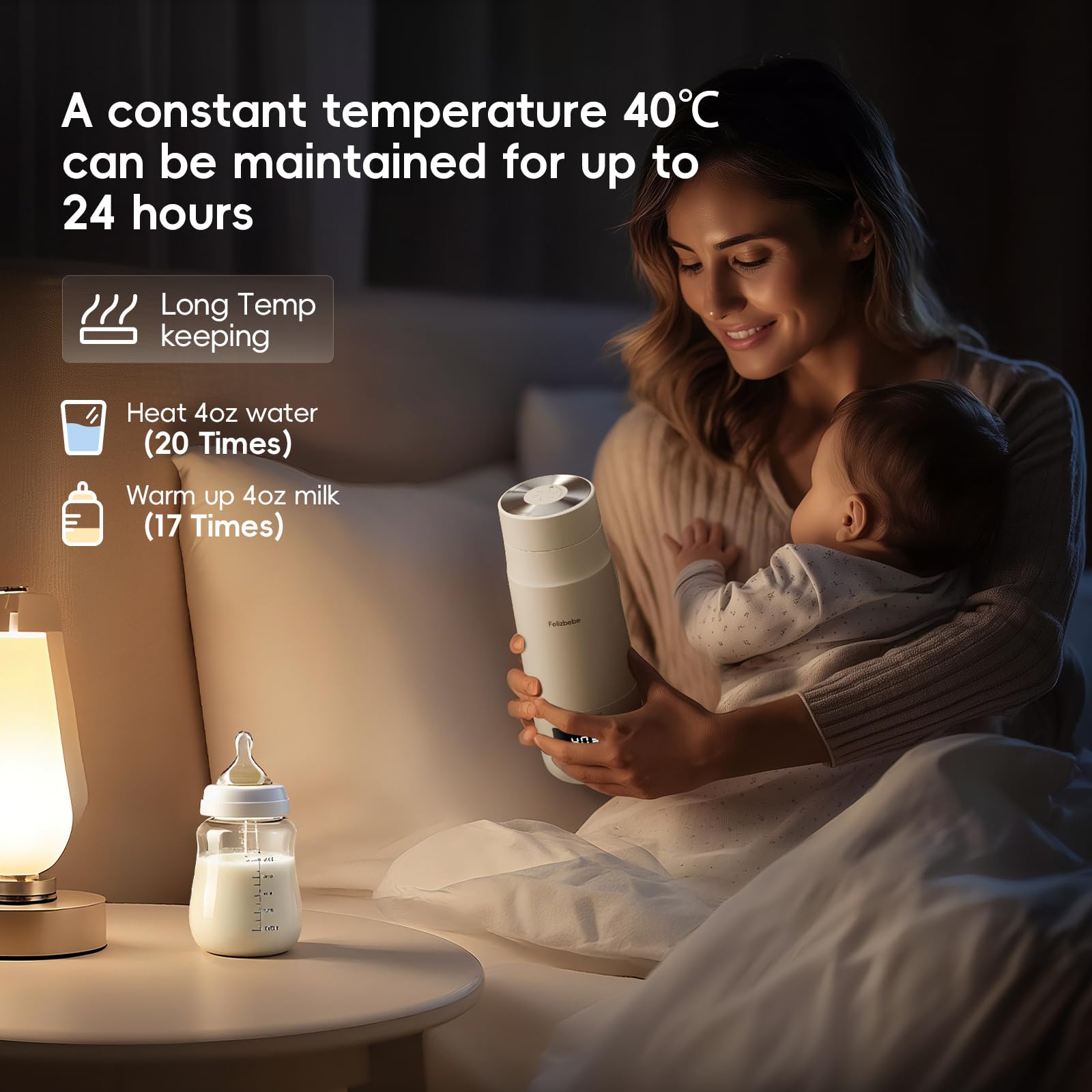 Felizbebe detachable-design bottle warmer ready for flights and trips.