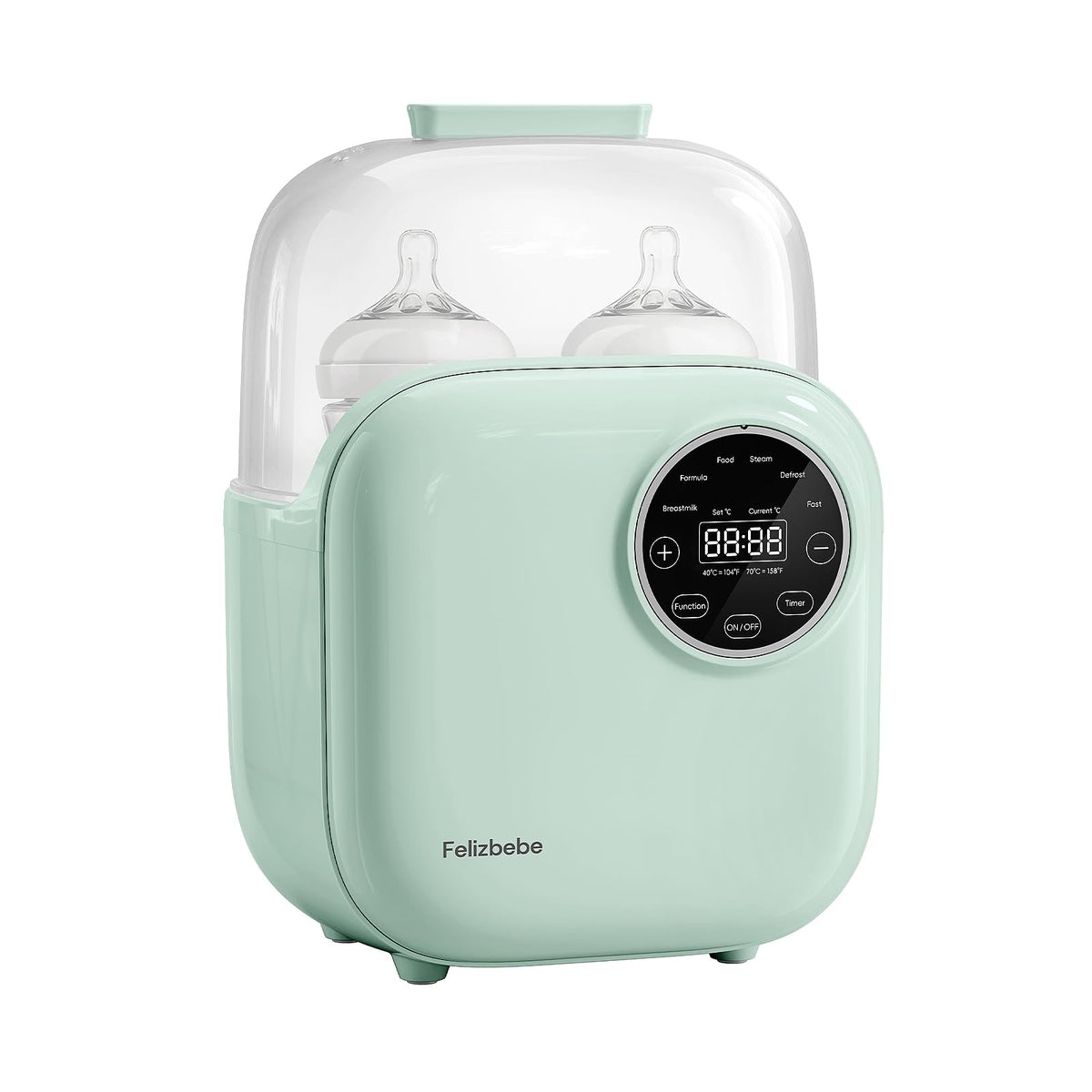 Felizbebe bottle warmer front view shows compact, sleek design for quick warming.