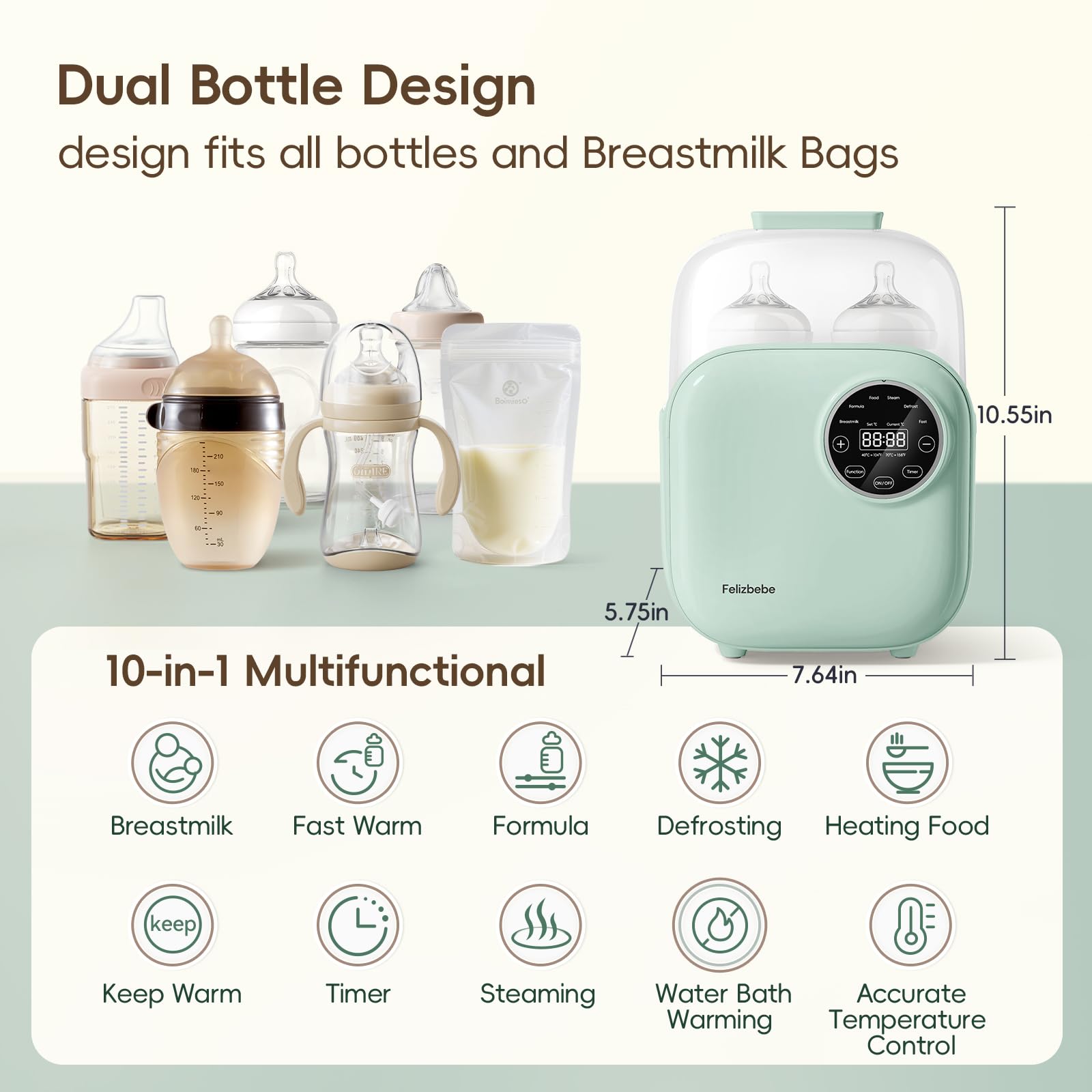 Felizbebe double bottle warmer twin setup enables simultaneous two-bottle warming.