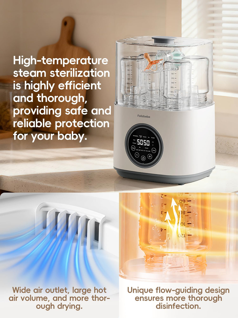 Felizbebe food heater warms baby meals evenly and quickly.