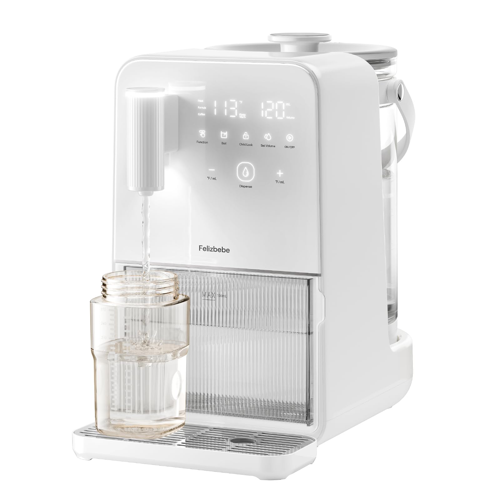 Felizbebe instant hot water dispenser tank view highlights the 3L glass reservoir for ready formula prep.