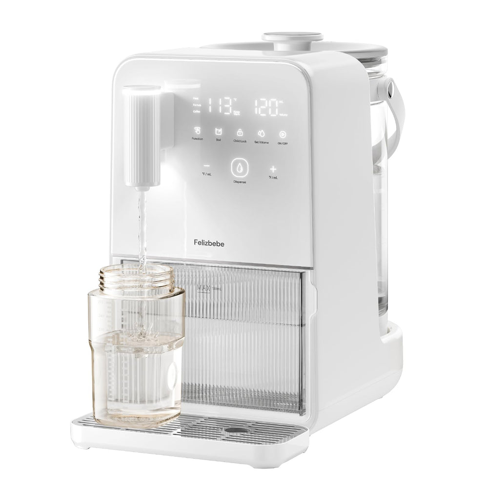 Felizbebe instant hot water dispenser tank view highlights the 3L glass reservoir for ready formula prep.