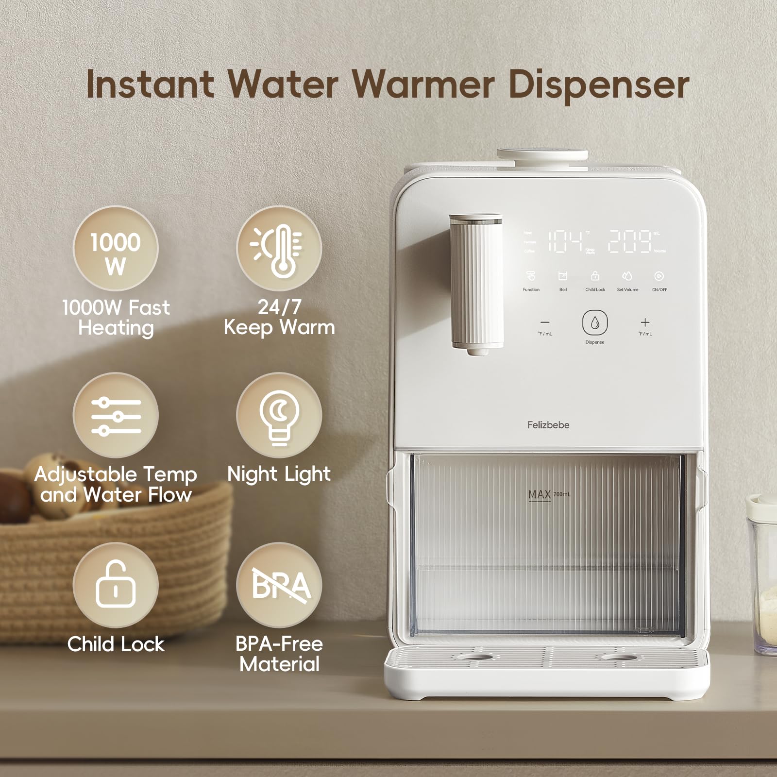 Felizbebe precise-volume pour button enables accurate 10-300ml portions for feeds.
