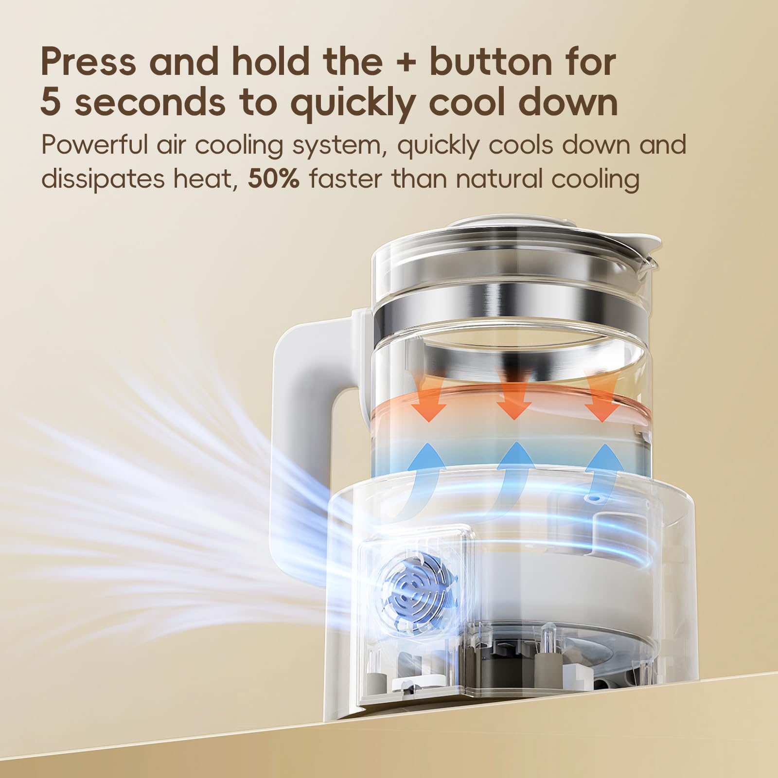 Felizbebe Water Warmer faster cooling fan enables quick formula prep.