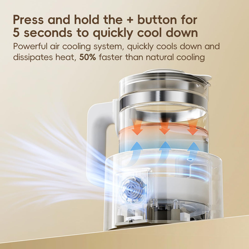 Felizbebe Water Warmer faster cooling fan enables quick formula prep.