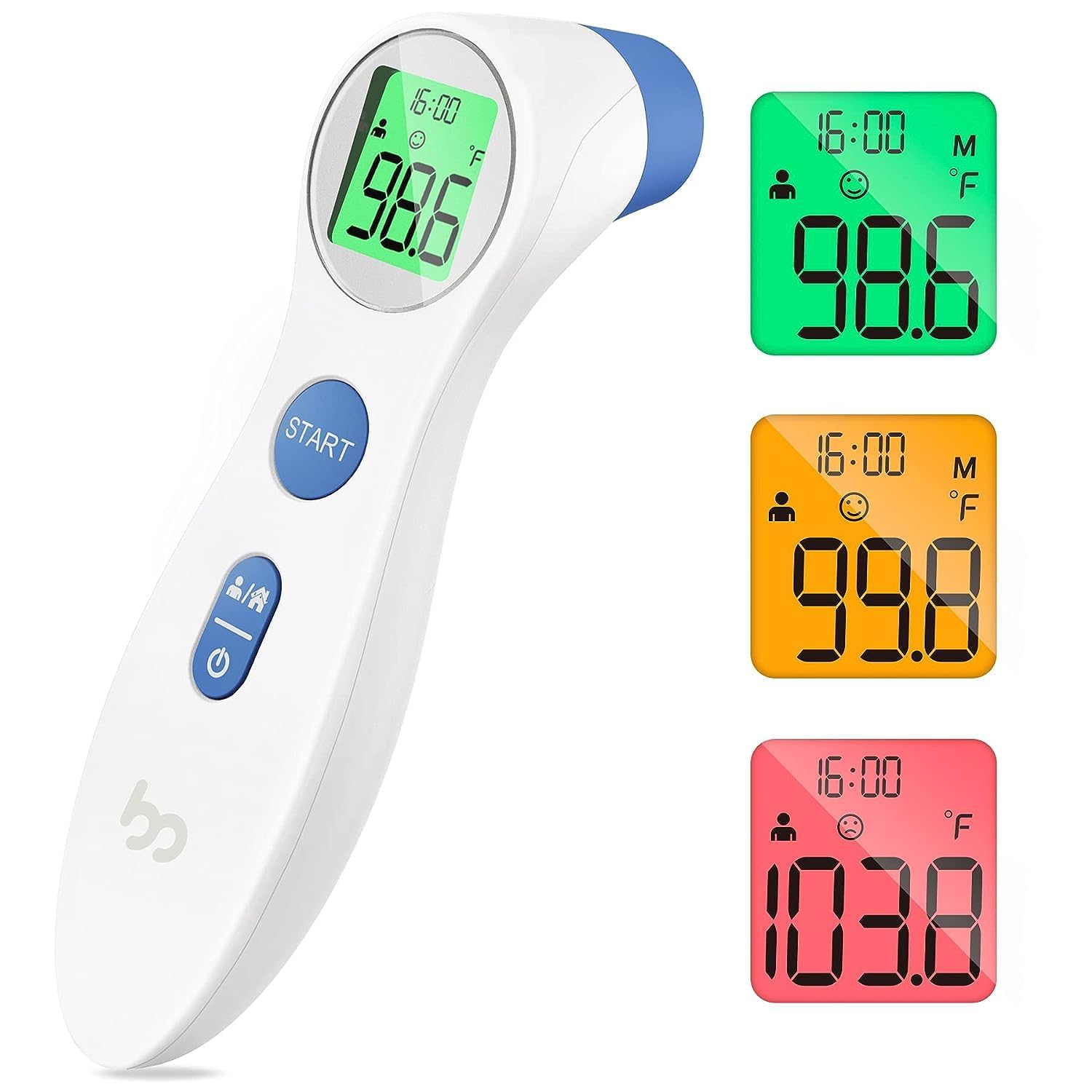 Femometer forehead thermometer in use showing fast non-contact reading for family health.