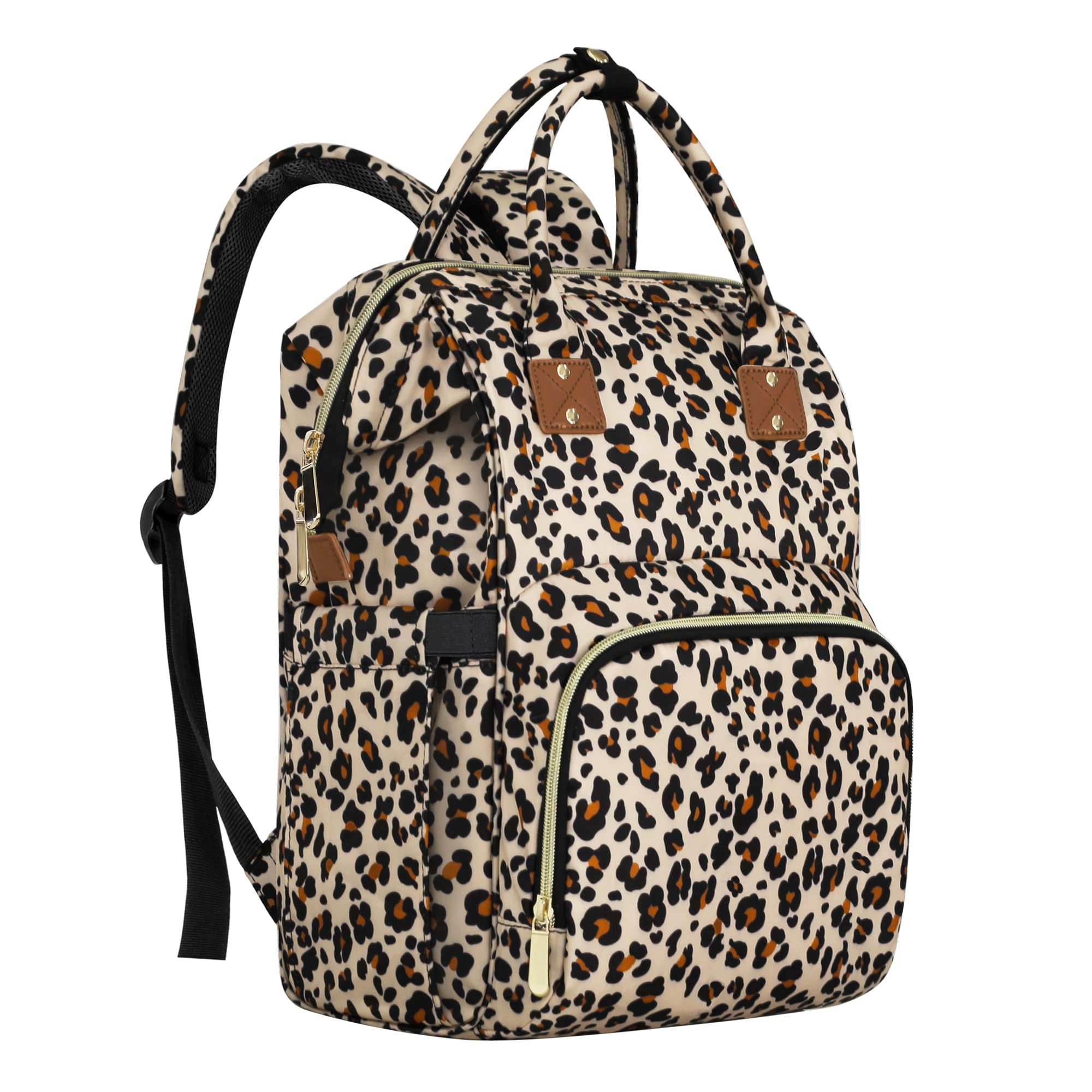 Femuar leopard diaper bag backpack front view shows spacious storage for busy parents.