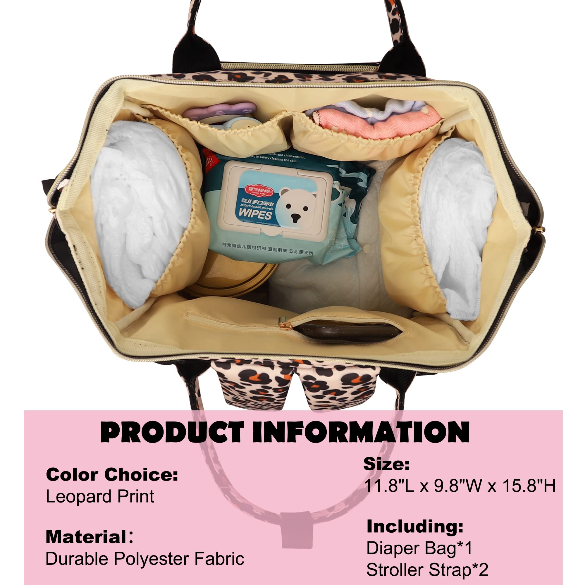 Femuar leopard diaper bag backpack insulated pocket bottle keeping milk warm on trips.