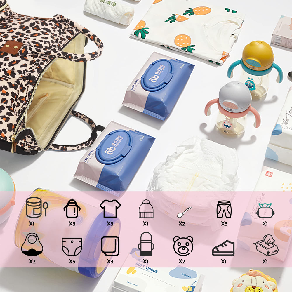 Femuar leopard diaper bag backpack interior layout reveals 13 pockets for organized outings.