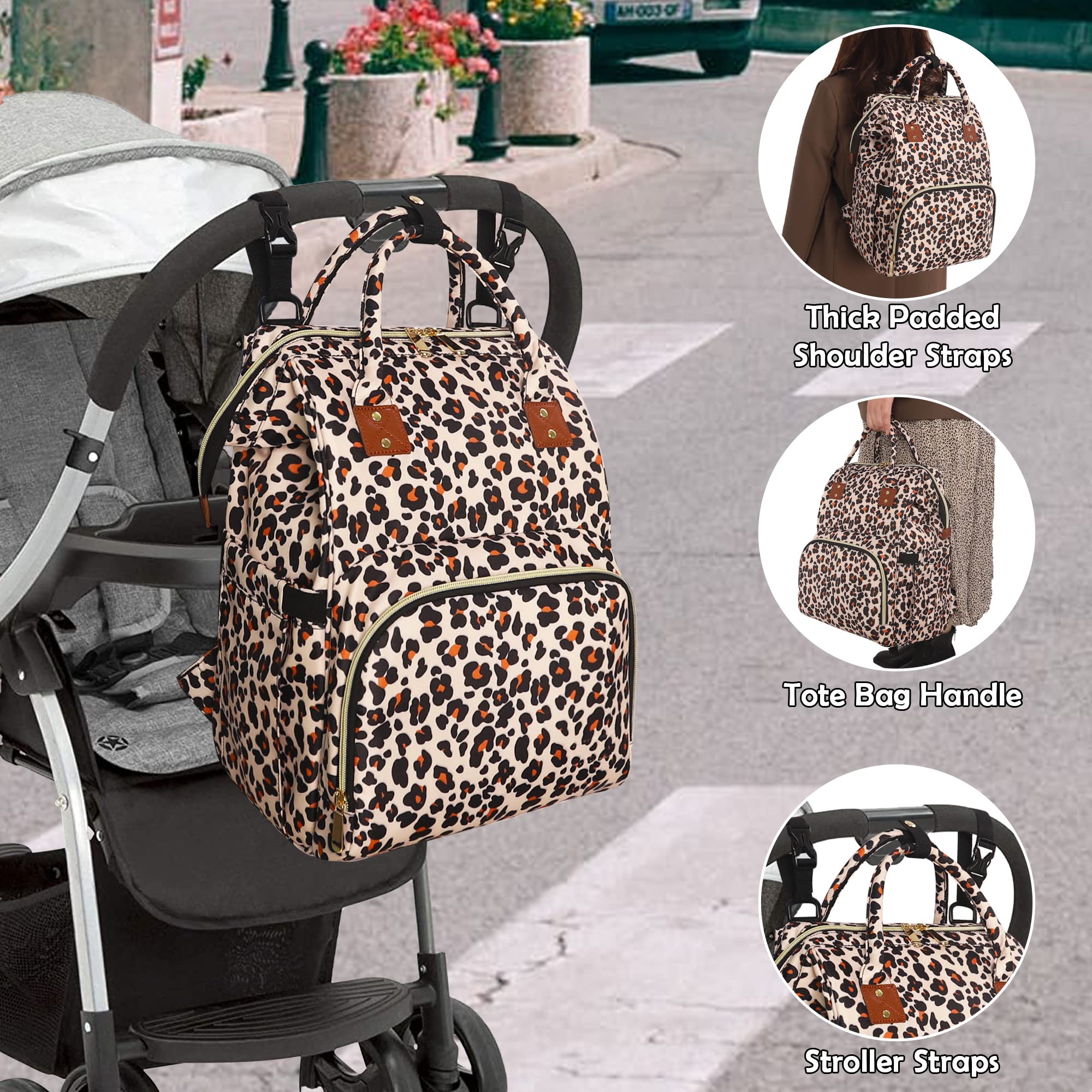 Femuar leopard diaper bag close-up shows durable polyester and easy-clean surface.