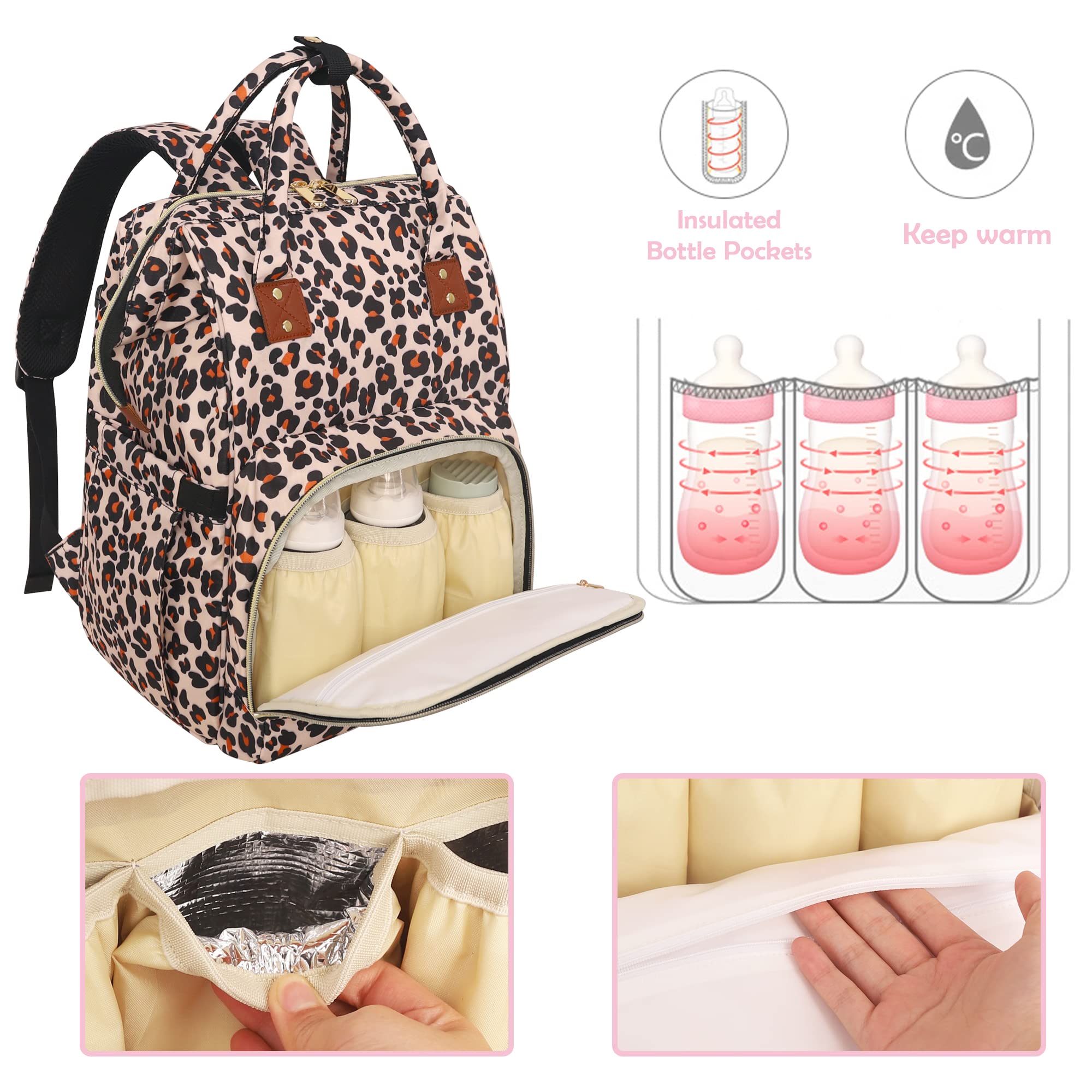 Femuar leopard diaper bag backpack stroller hooks enable easy attachment on strolls.