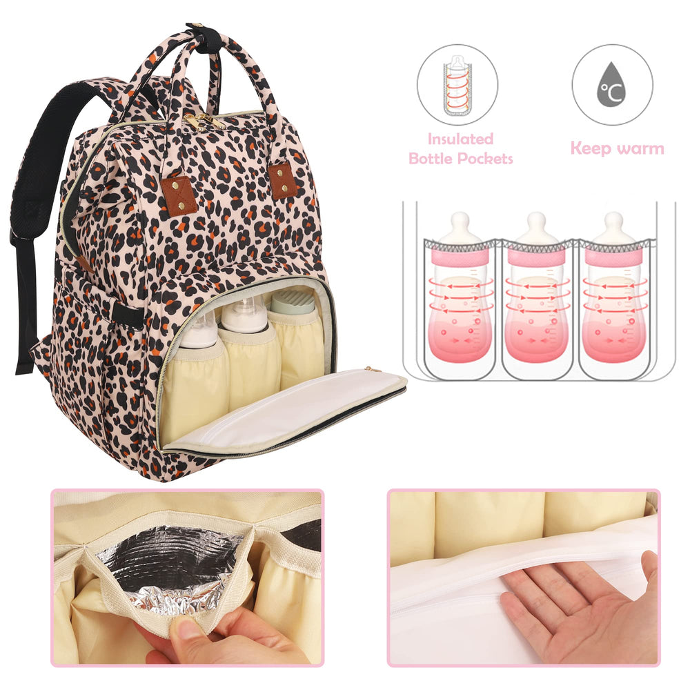 Femuar leopard diaper bag backpack stroller hooks enable easy attachment on strolls.