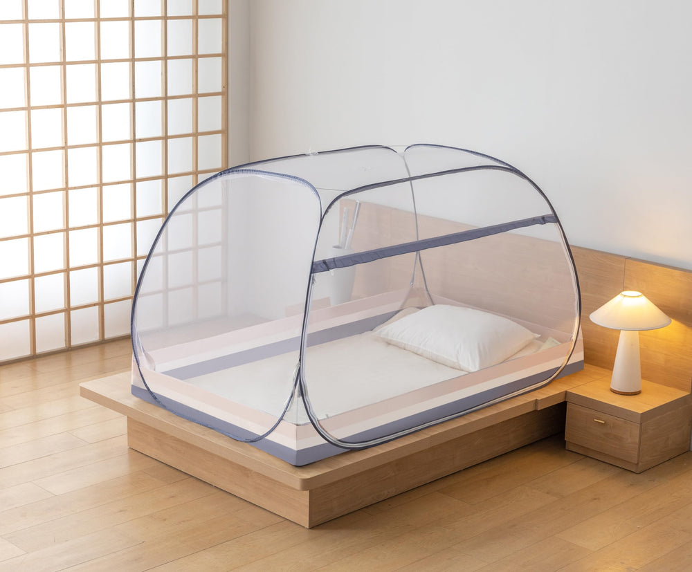 FENGJIDA pop-up mosquito net 360-coverage illustrates zero gaps for full bed enclosure