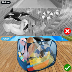 Feoang pop-up pool toy storage bin dimension 32x32x30 inches in setup.