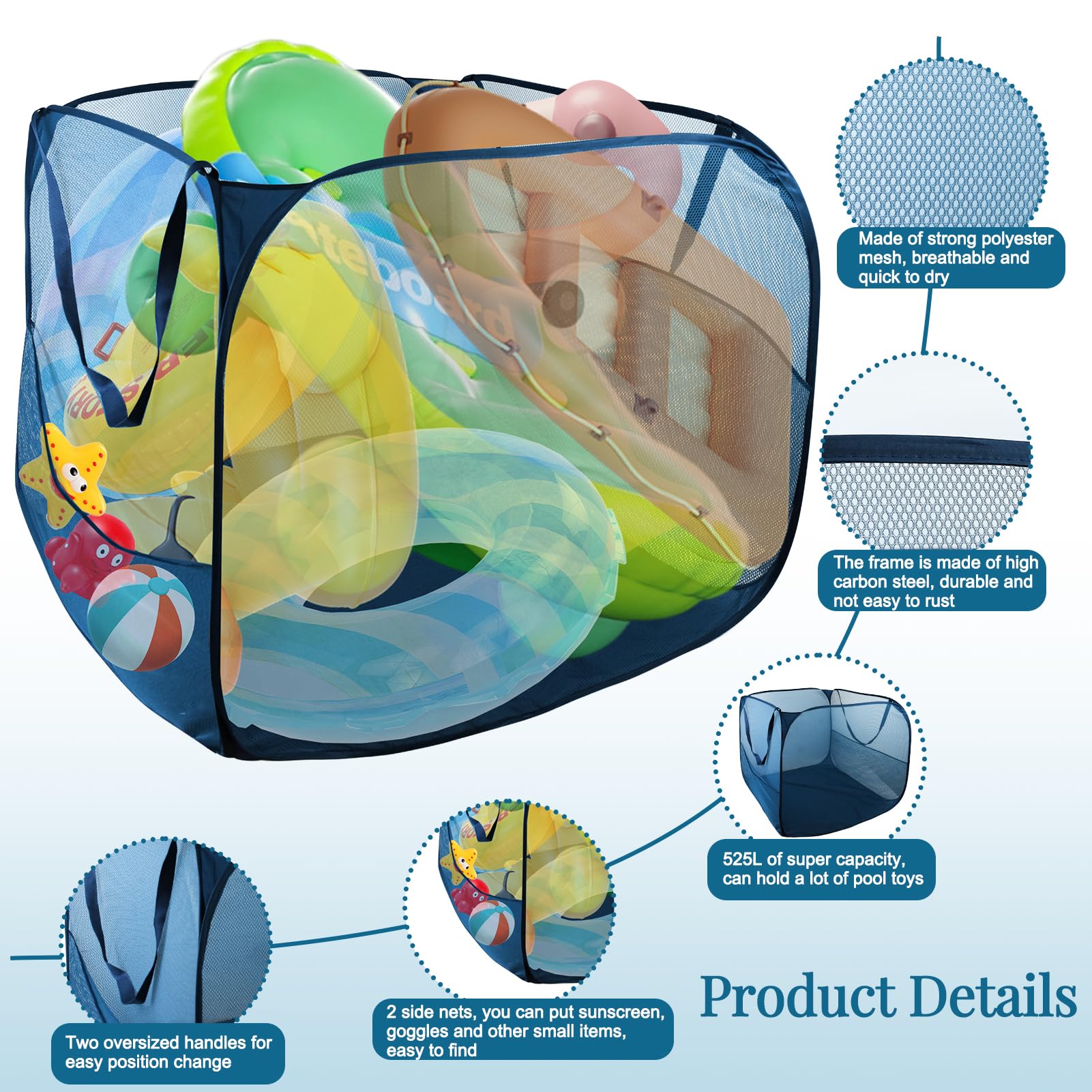 Feoang pool toy storage bin ground nails secure against wind during outdoor use.