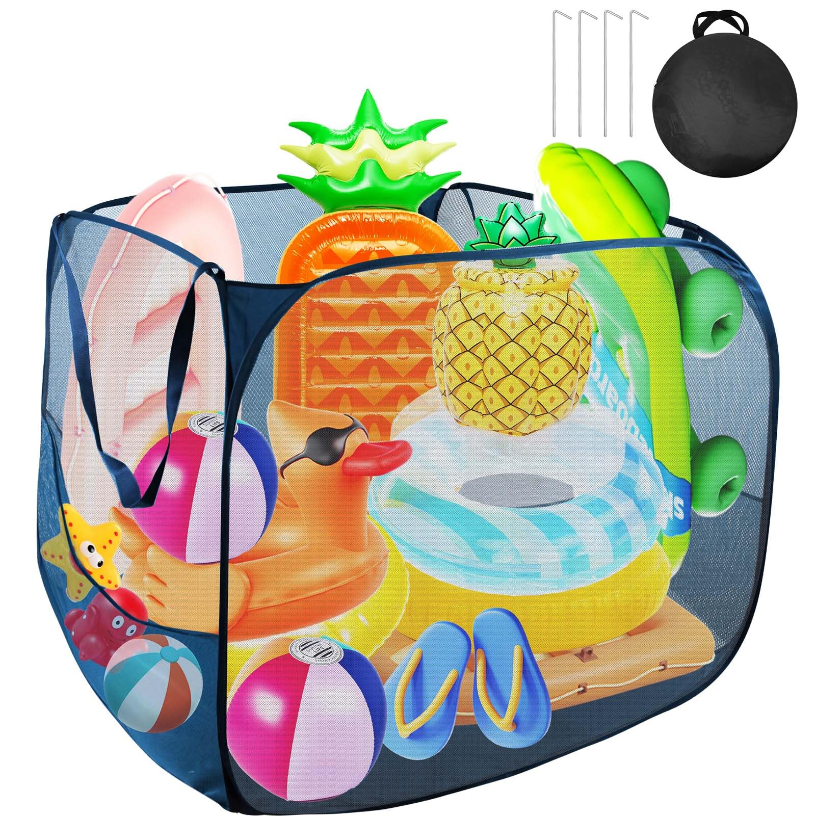 Feoang pop-up pool toy storage bin opened showing ample 525L capacity for floats.