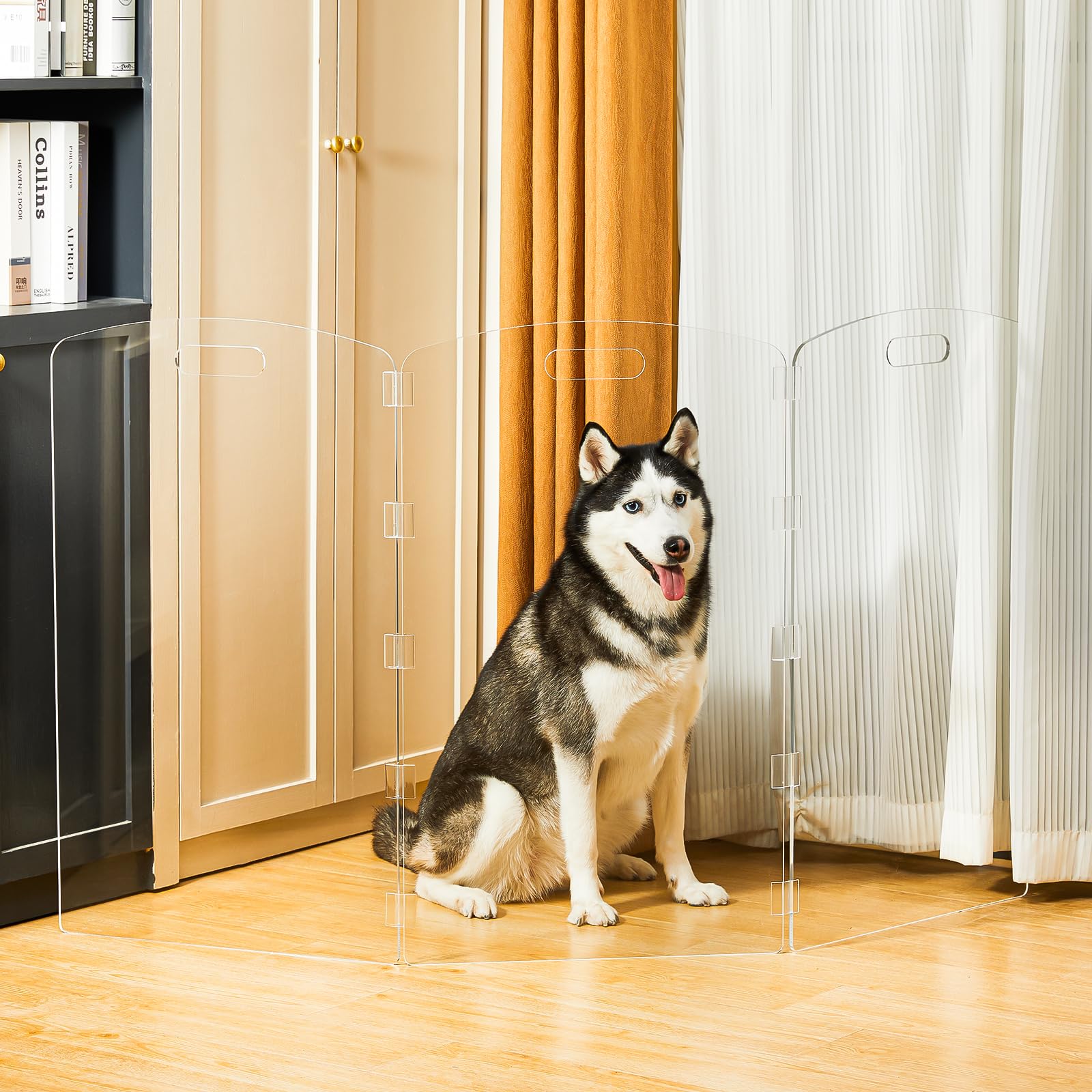 Feoyoho 3-panel Z-stance dog gate demonstrates stable positioning for large openings.