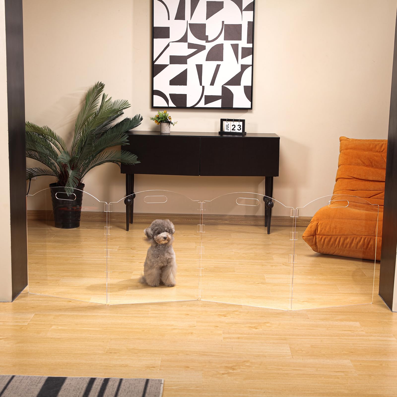Feoyoho clear acrylic dog gate in doorway view, full visibility for pets.