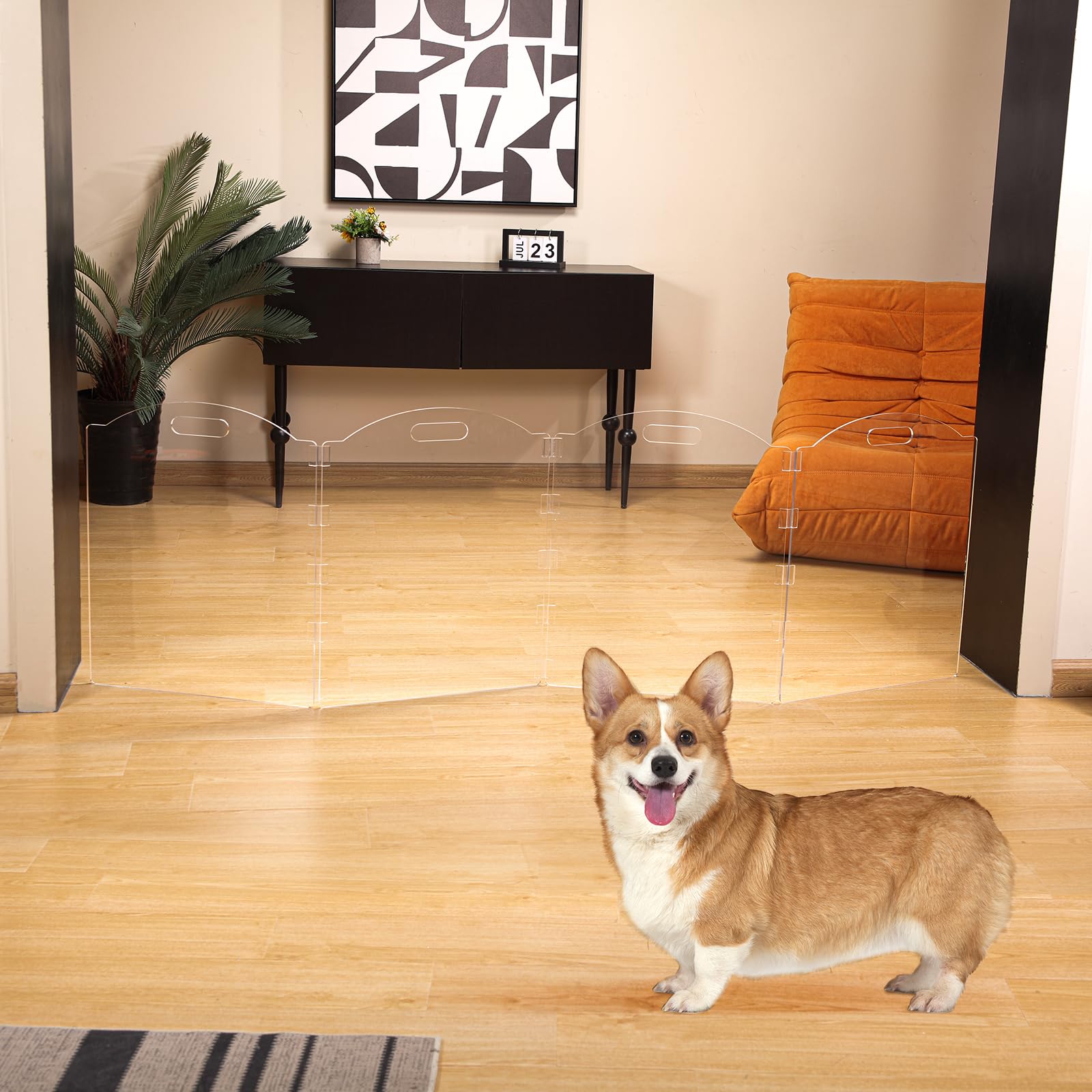 Feoyoho clear acrylic dog gate folding closure for compact storage.