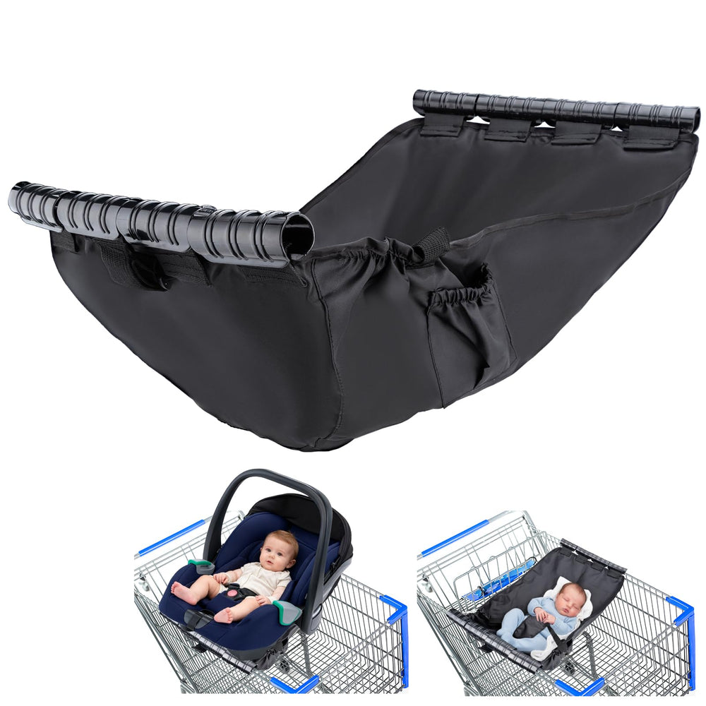 Fevbcnrj Shopping Cart Hammock setup shows secure attachment on carts for infant sleep